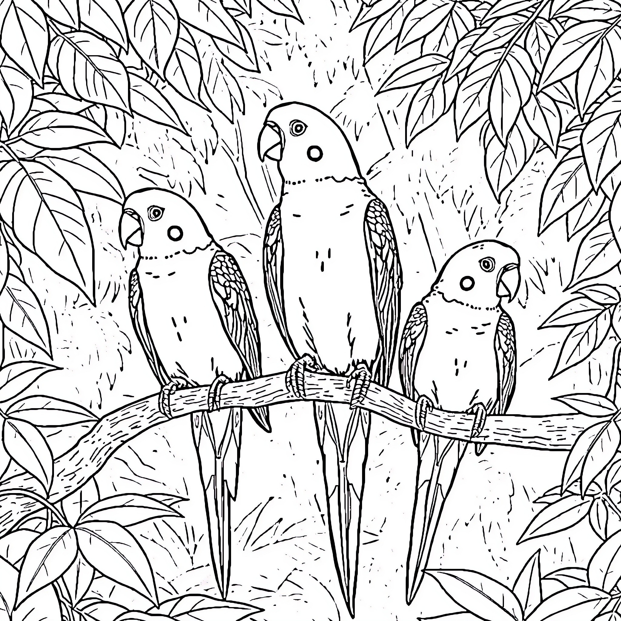 Parakeets perched on a branch in a lush forest Coloring Page (free black-and-white line drawing printable PDF for all, from beginners to advanced learners, including children, teens, adults, and seniors)