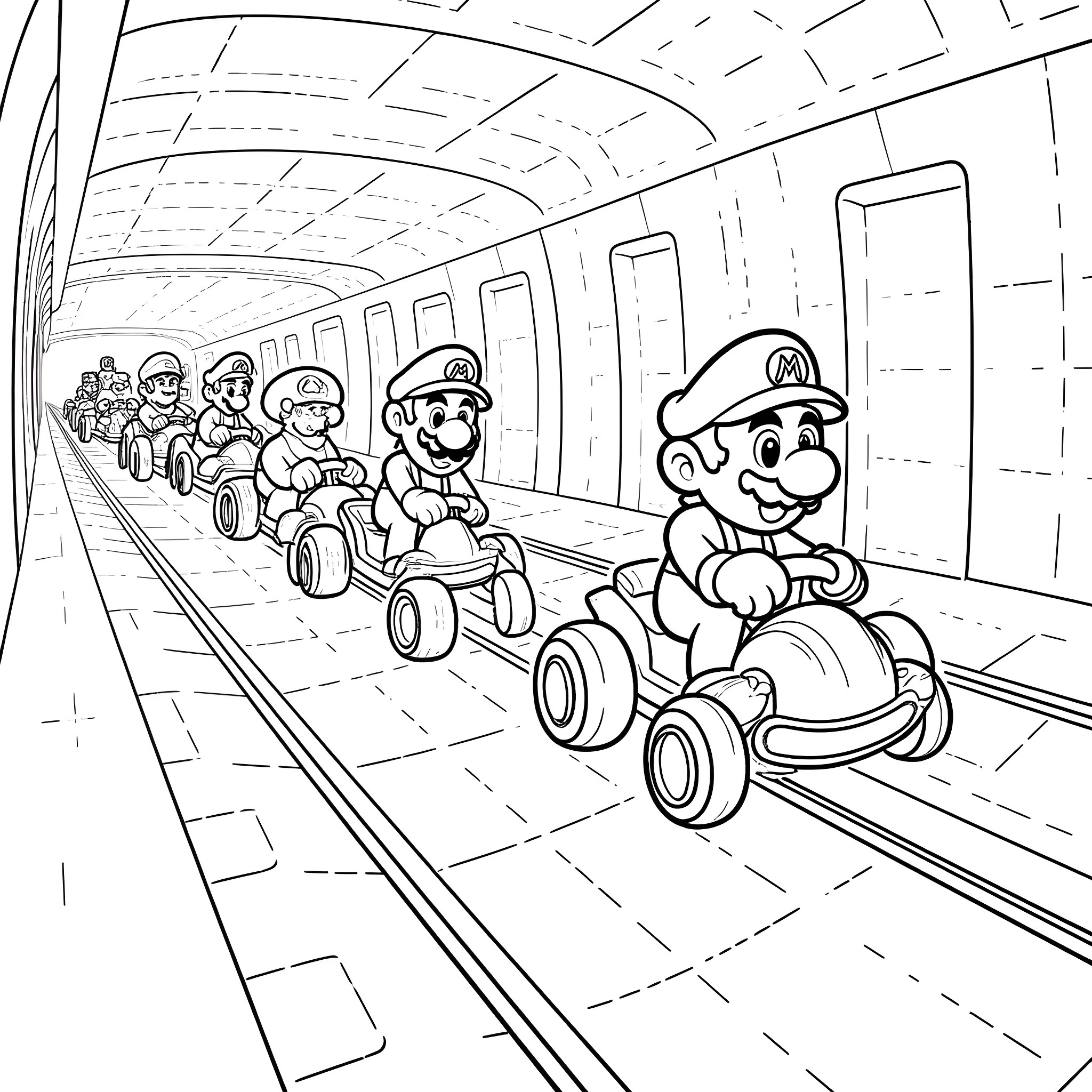 Mario Kart characters racing on the track Coloring Page (free black-and-white line drawing printable PDF for all, from beginners to advanced learners, including children, teens, adults, and seniors)