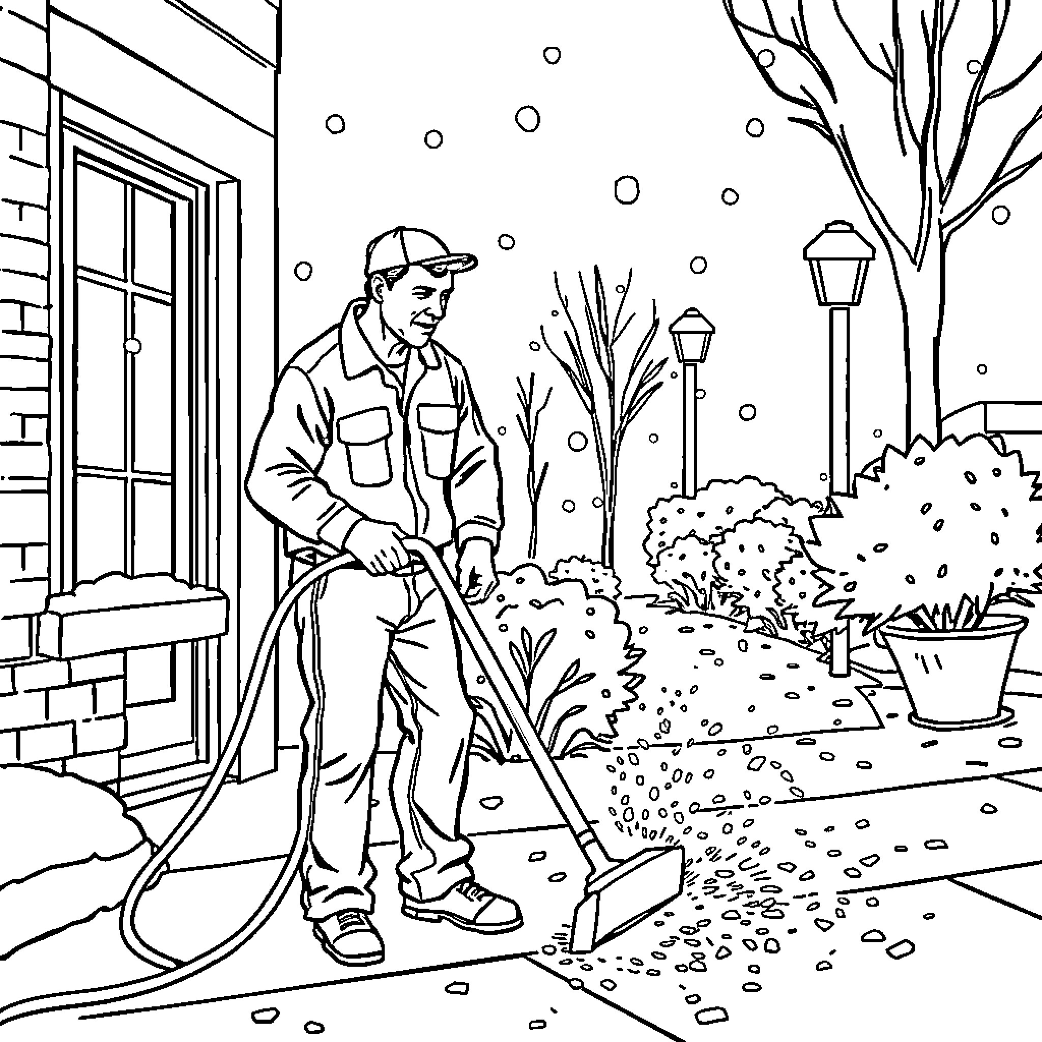 Man shoveling snow in winter scene Coloring Page (free black-and-white line drawing printable PDF for all, from beginners to advanced learners, including children, teens, adults, and seniors)