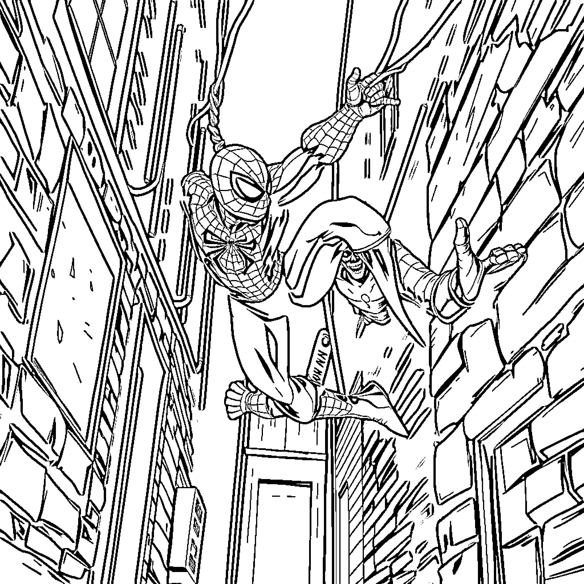 Spiderman swinging through the city streets Coloring Page (free black-and-white line drawing printable PDF for all, from beginners to advanced learners, including children, teens, adults, and seniors)