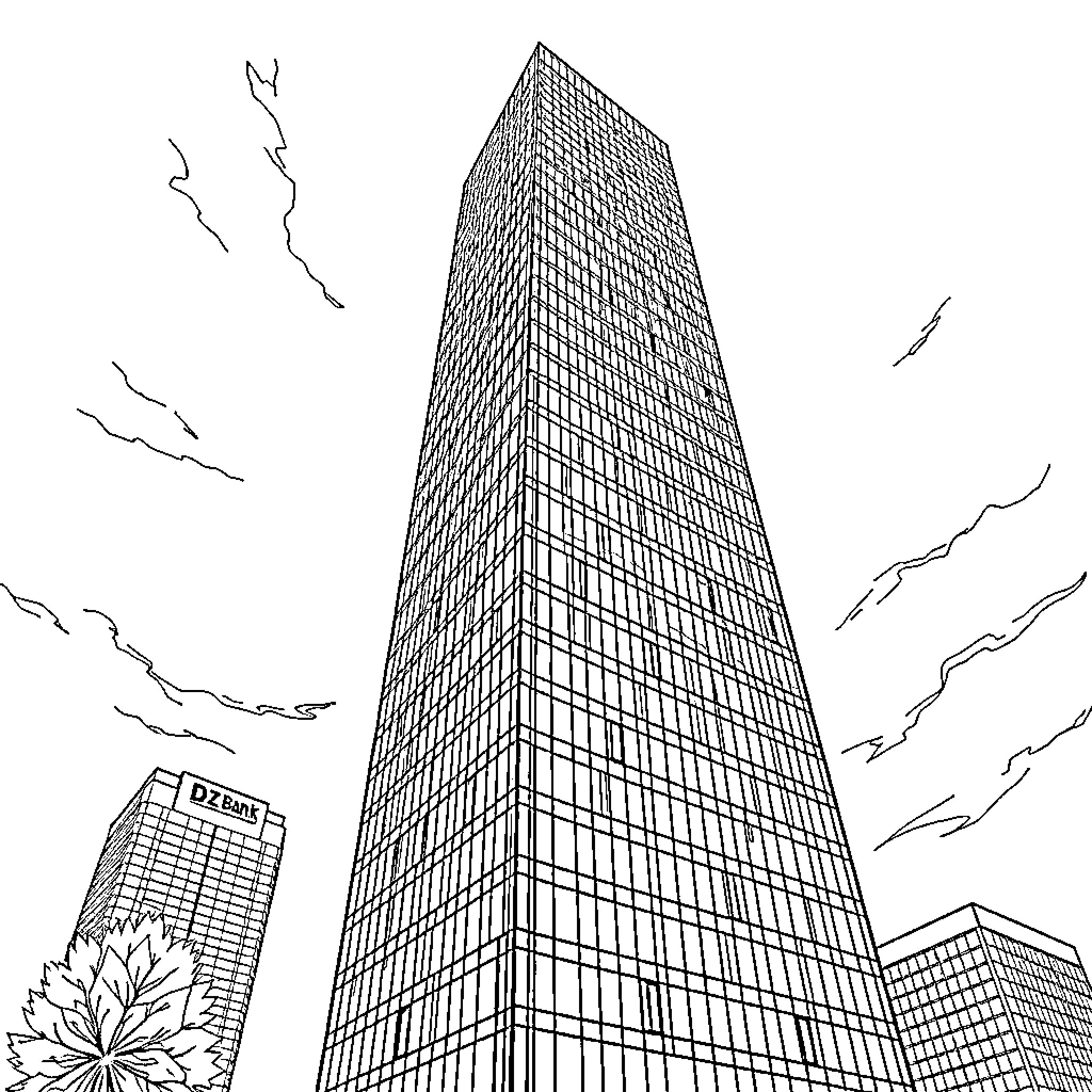 Building of modern architecture with distinctive design Coloring Page (free black-and-white line drawing printable PDF for all, from beginners to advanced learners, including children, teens, adults, and seniors)