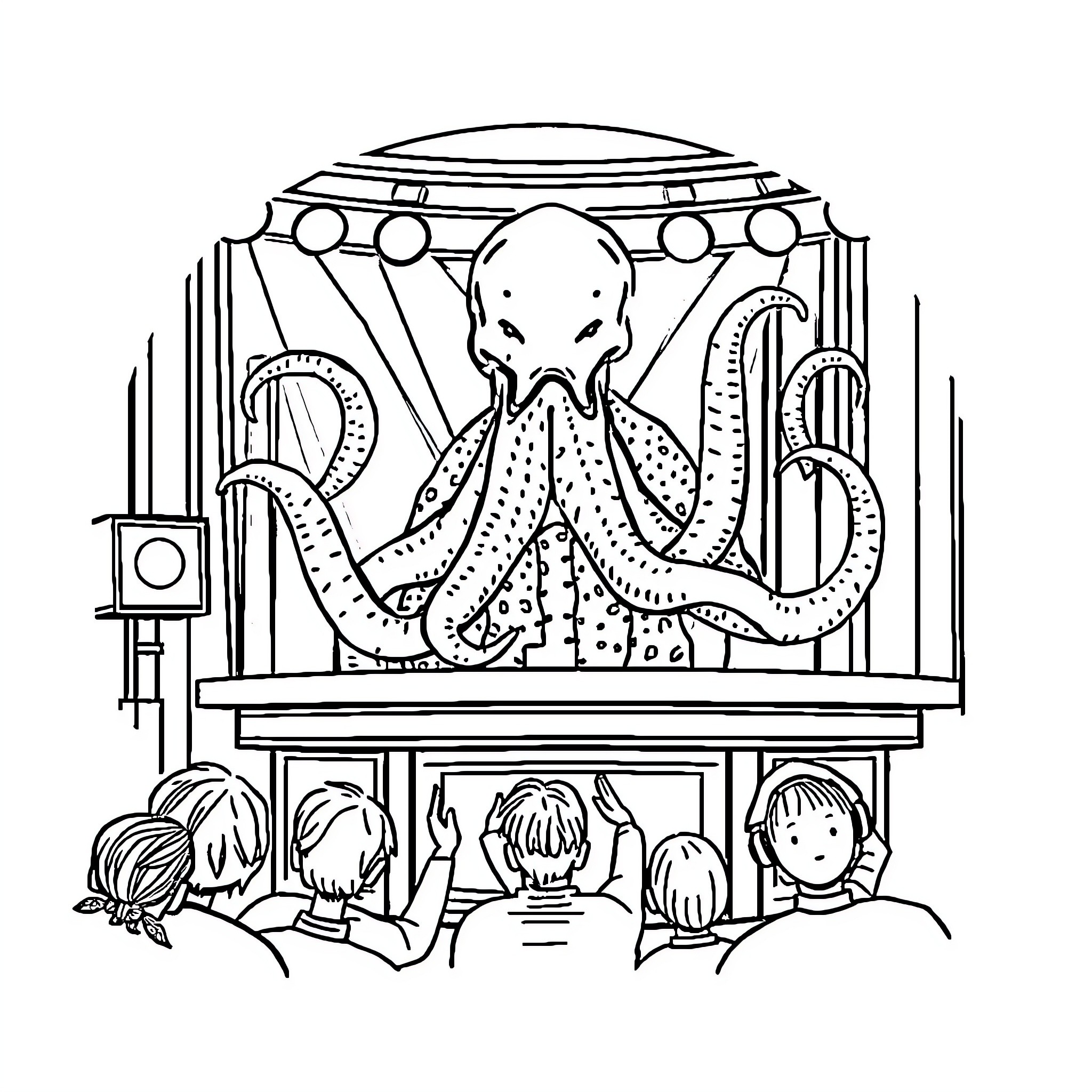 Cthulhu Unleashed: Audience Transfixed by Eldritch Spectacle Coloring Page (free black-and-white line drawing printable PDF for all, from beginners to advanced learners, including children, teens, adults, and seniors)