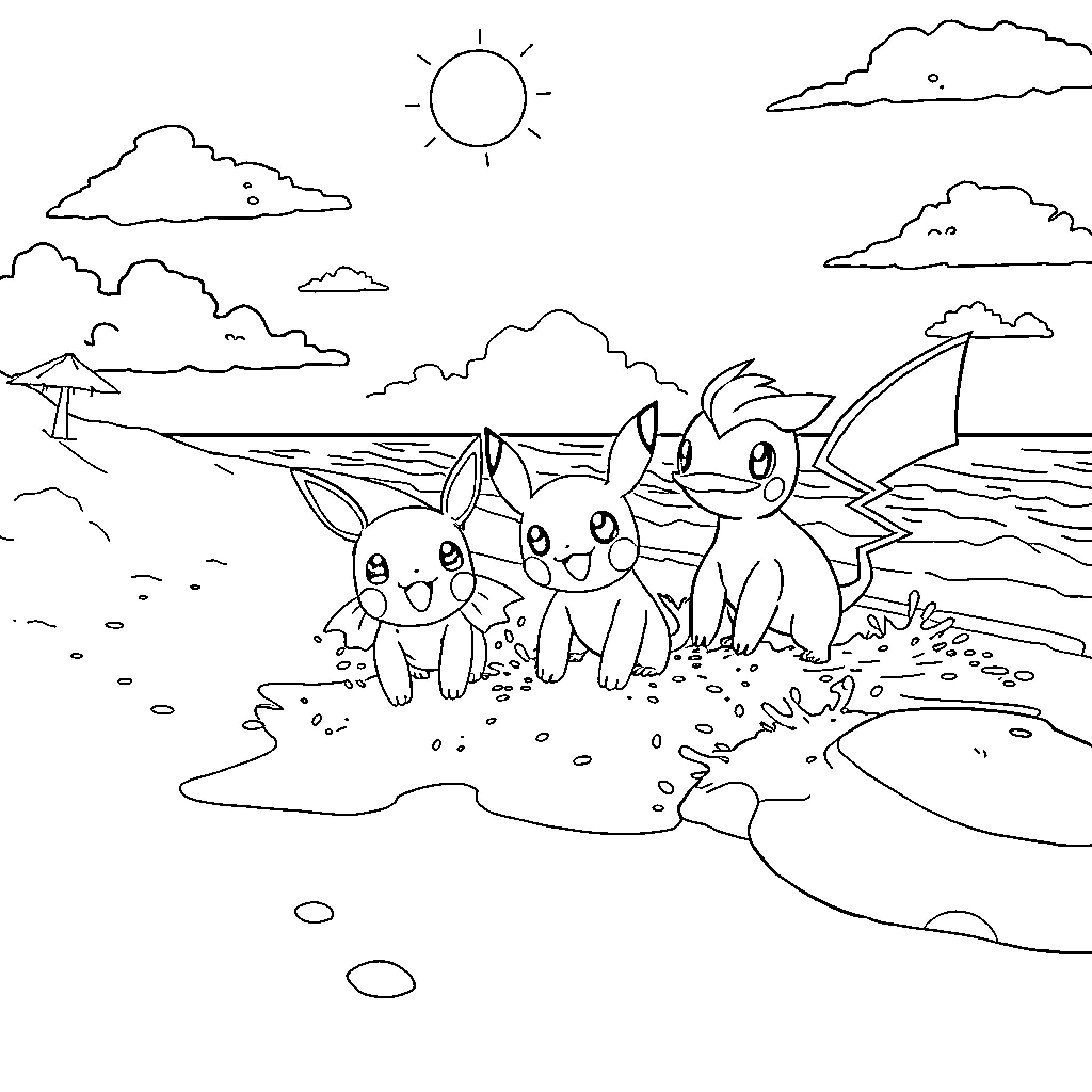 Pokémon enjoying a sunny day at the beach Coloring Page (free black-and-white line drawing printable PDF for all, from beginners to advanced learners, including children, teens, adults, and seniors)