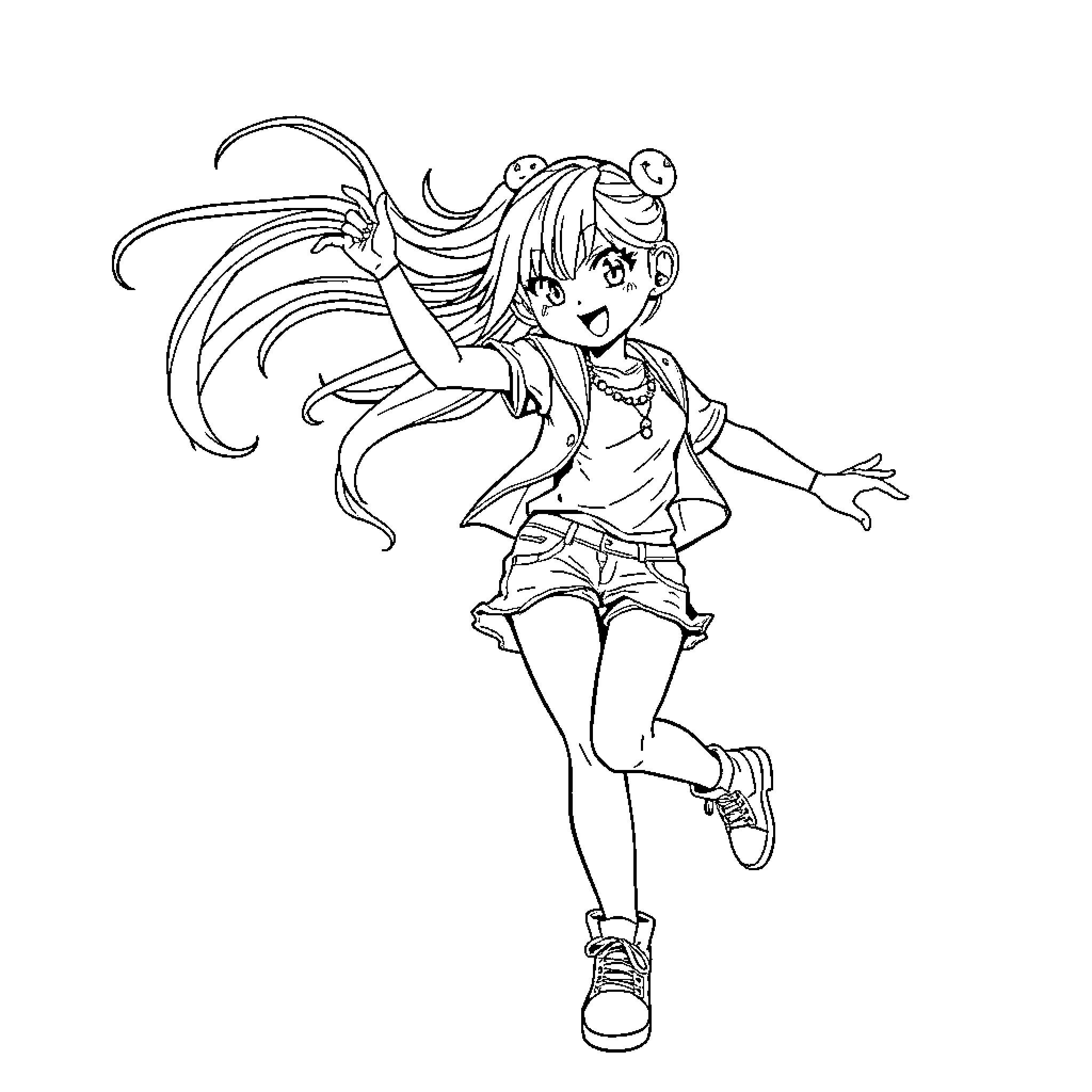 Anime Girl Happily Running in Casual Outfit Coloring Page (free black-and-white line drawing printable PDF for all, from beginners to advanced learners, including children, teens, adults, and seniors)