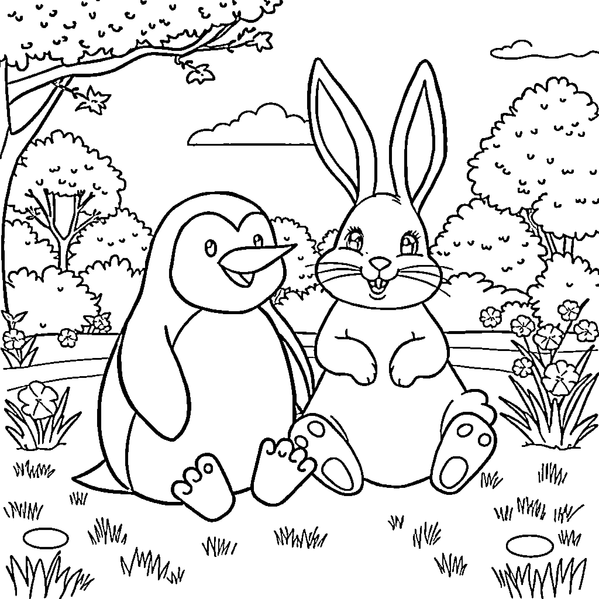 Penguin and Rabbit Enjoying Spring Scenery Coloring Page (free black-and-white line drawing printable PDF for all, from beginners to advanced learners, including children, teens, adults, and seniors)