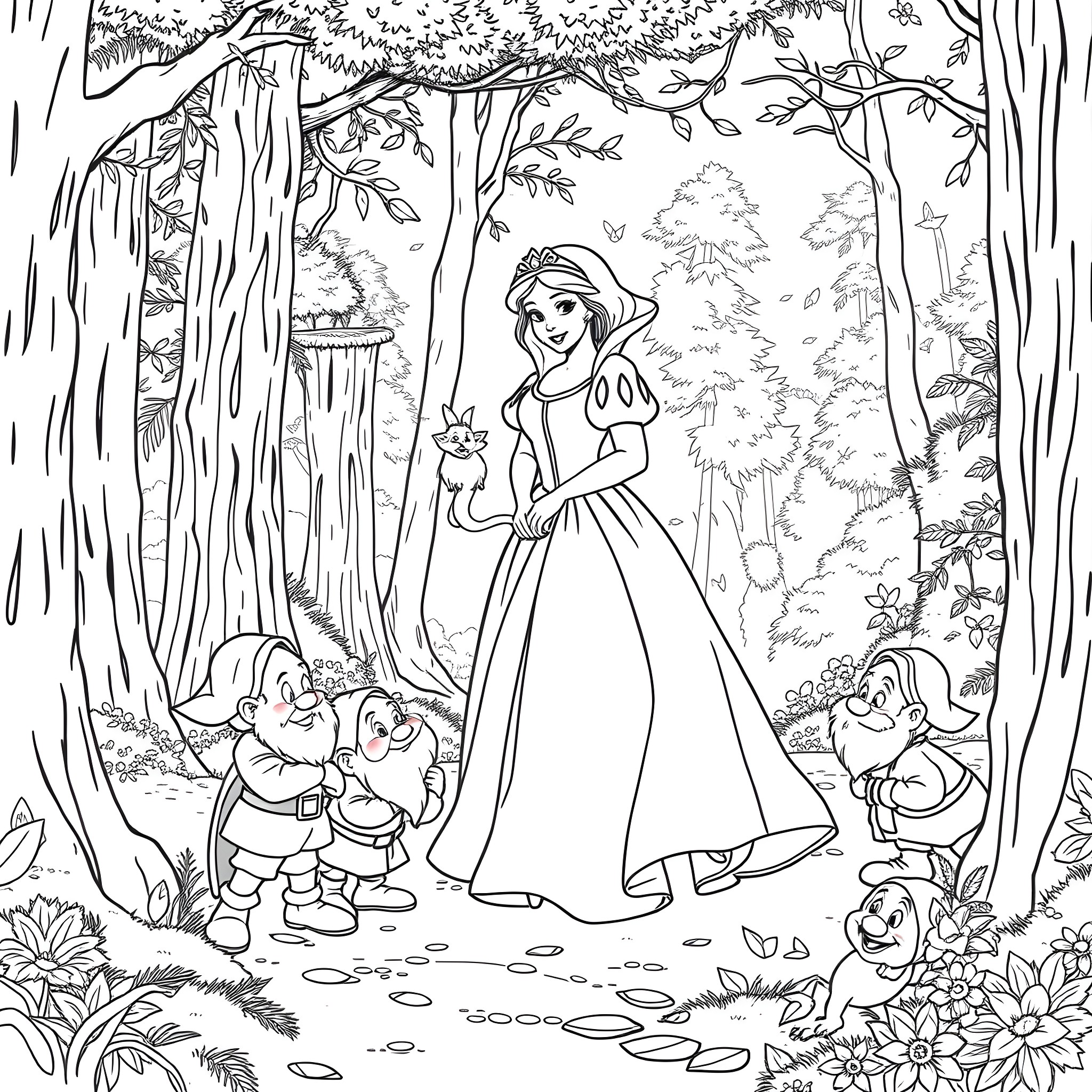 Snow White exploring the enchanted forest with forest animals Coloring Page (free black-and-white line drawing printable PDF for all, from beginners to advanced learners, including children, teens, adults, and seniors)