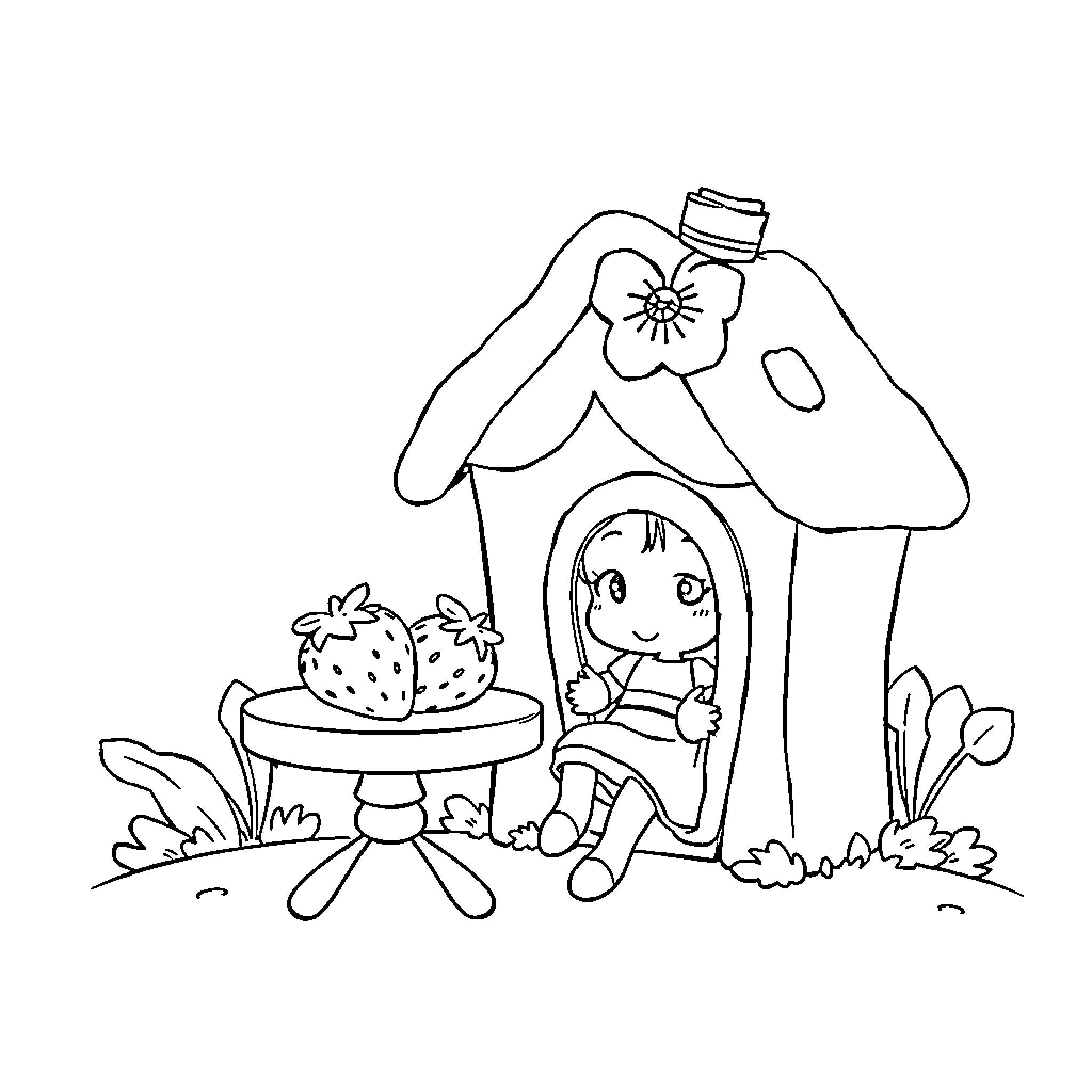 Strawberry Shortcake enjoying time in her garden Coloring Page (free black-and-white line drawing printable PDF for all, from beginners to advanced learners, including children, teens, adults, and seniors)