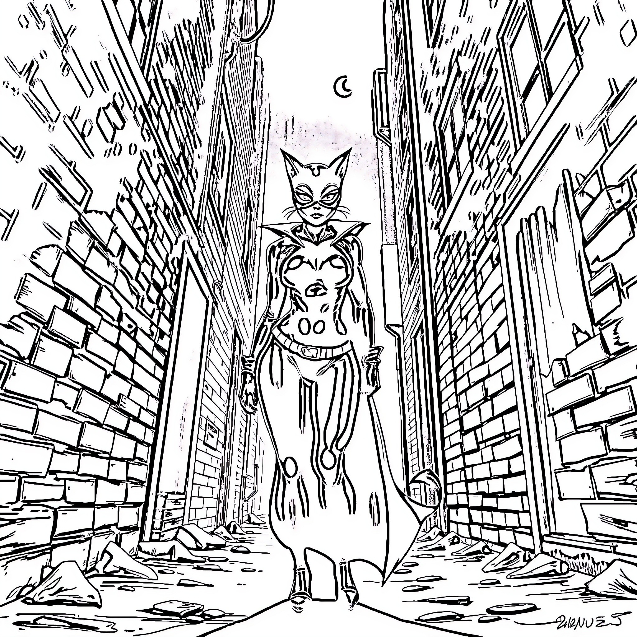 Catwoman Unleashed in the Urban Shadows Coloring Page (free black-and-white line drawing printable PDF for all, from beginners to advanced learners, including children, teens, adults, and seniors)