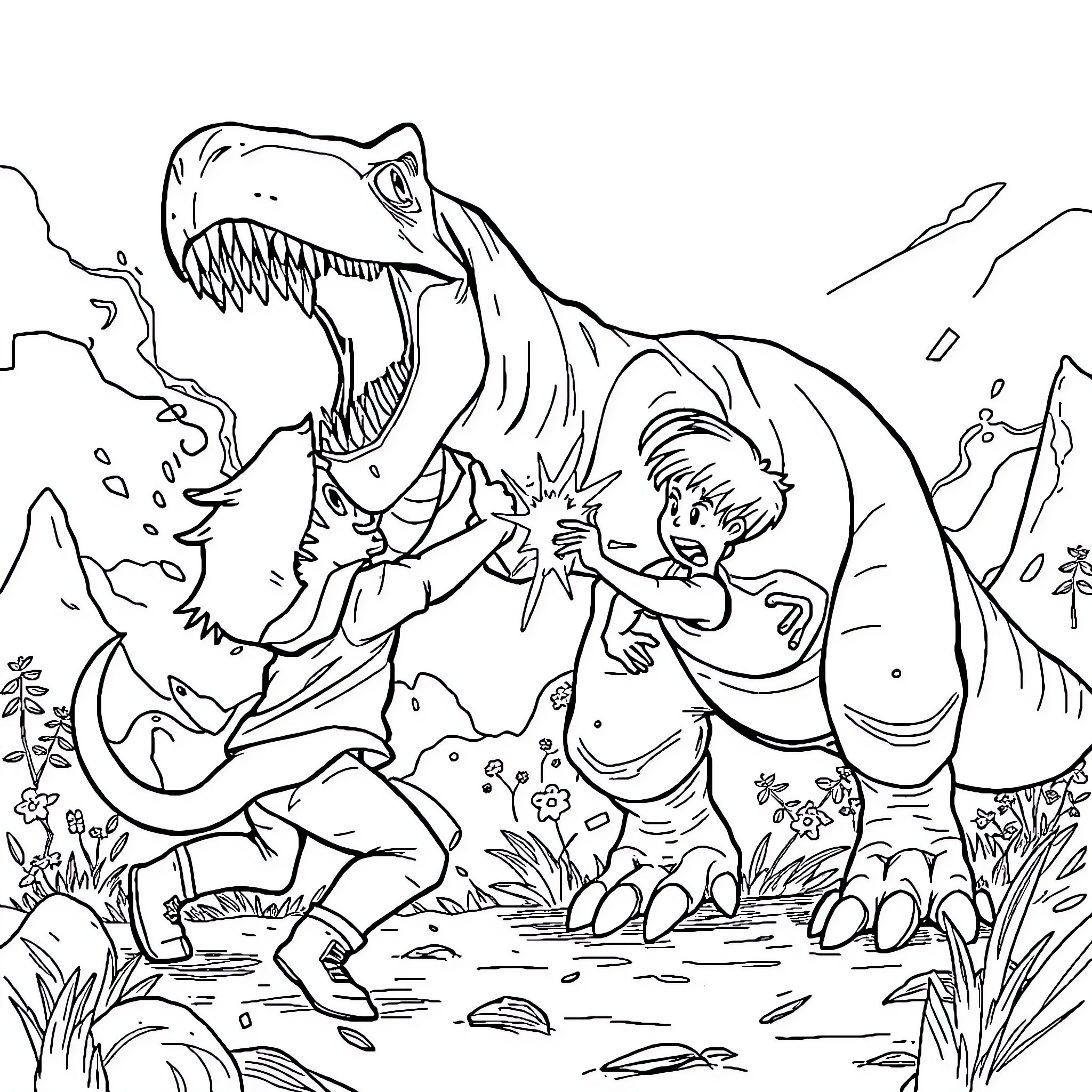 Max Fights Ferocious Dinosaur in Lush Prehistoric Landscape Coloring Page (free black-and-white line drawing printable PDF for all, from beginners to advanced learners, including children, teens, adults, and seniors)