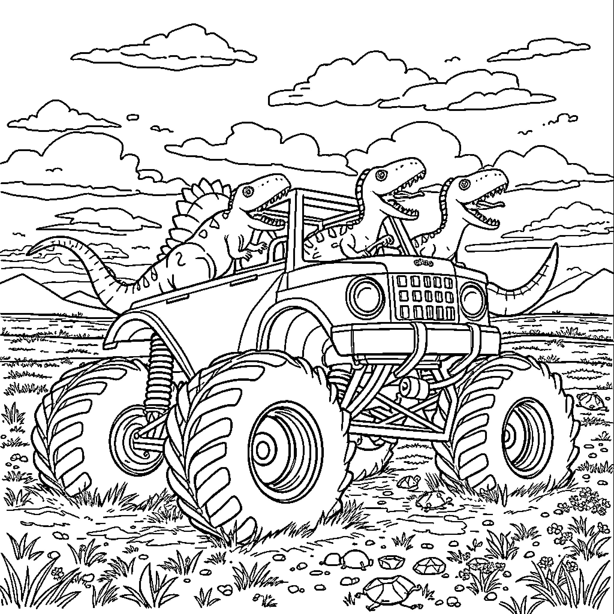 Dinosaur Monster Truck Adventure in the Wilderness Coloring Page (free black-and-white line drawing printable PDF for all, from beginners to advanced learners, including children, teens, adults, and seniors)