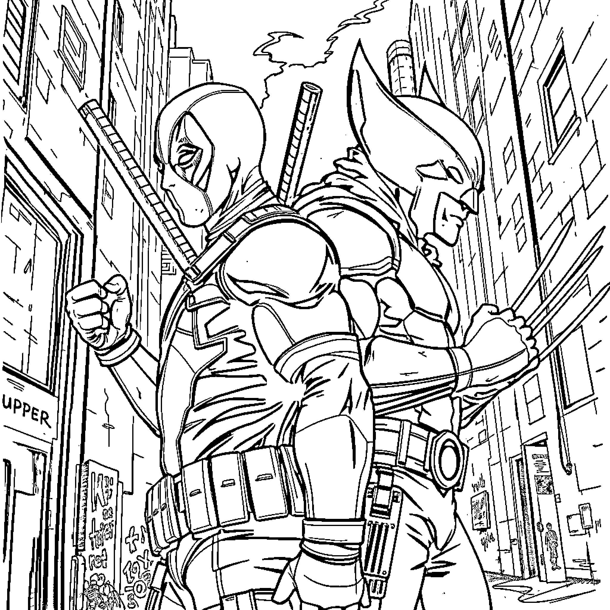 Deadpool in action amid the city streets Coloring Page (free black-and-white line drawing printable PDF for all, from beginners to advanced learners, including children, teens, adults, and seniors)
