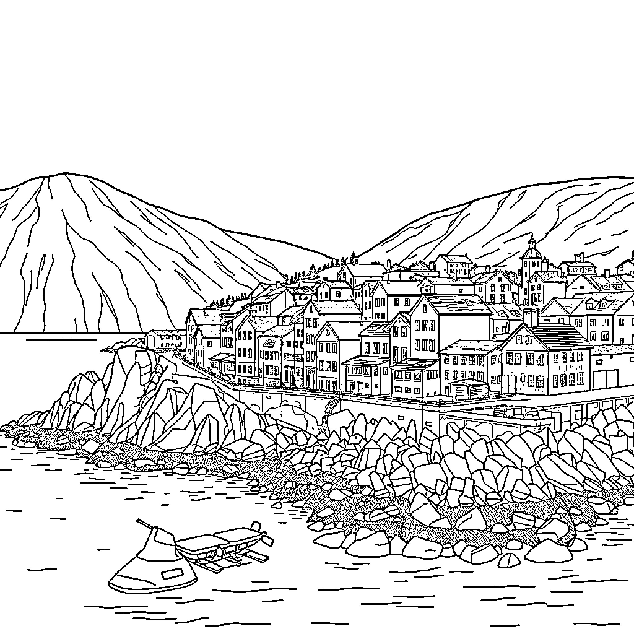 Bømlo: Scenic coastal town with quaint houses and mountains Coloring Page (free black-and-white line drawing printable PDF for all, from beginners to advanced learners, including children, teens, adults, and seniors)