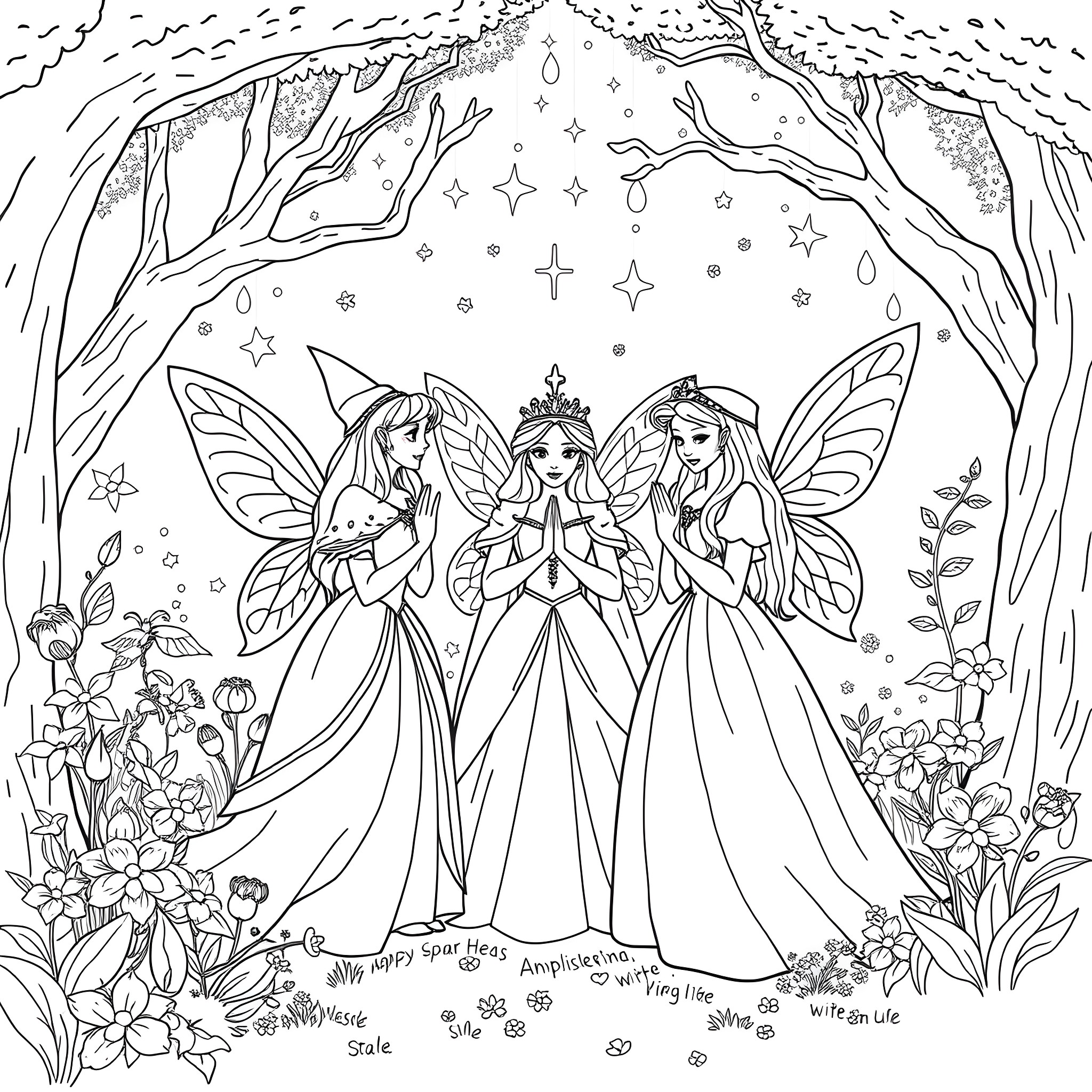 Fairy Godmother guiding three fairies in a magical forest Coloring Page (free black-and-white line drawing printable PDF for all, from beginners to advanced learners, including children, teens, adults, and seniors)