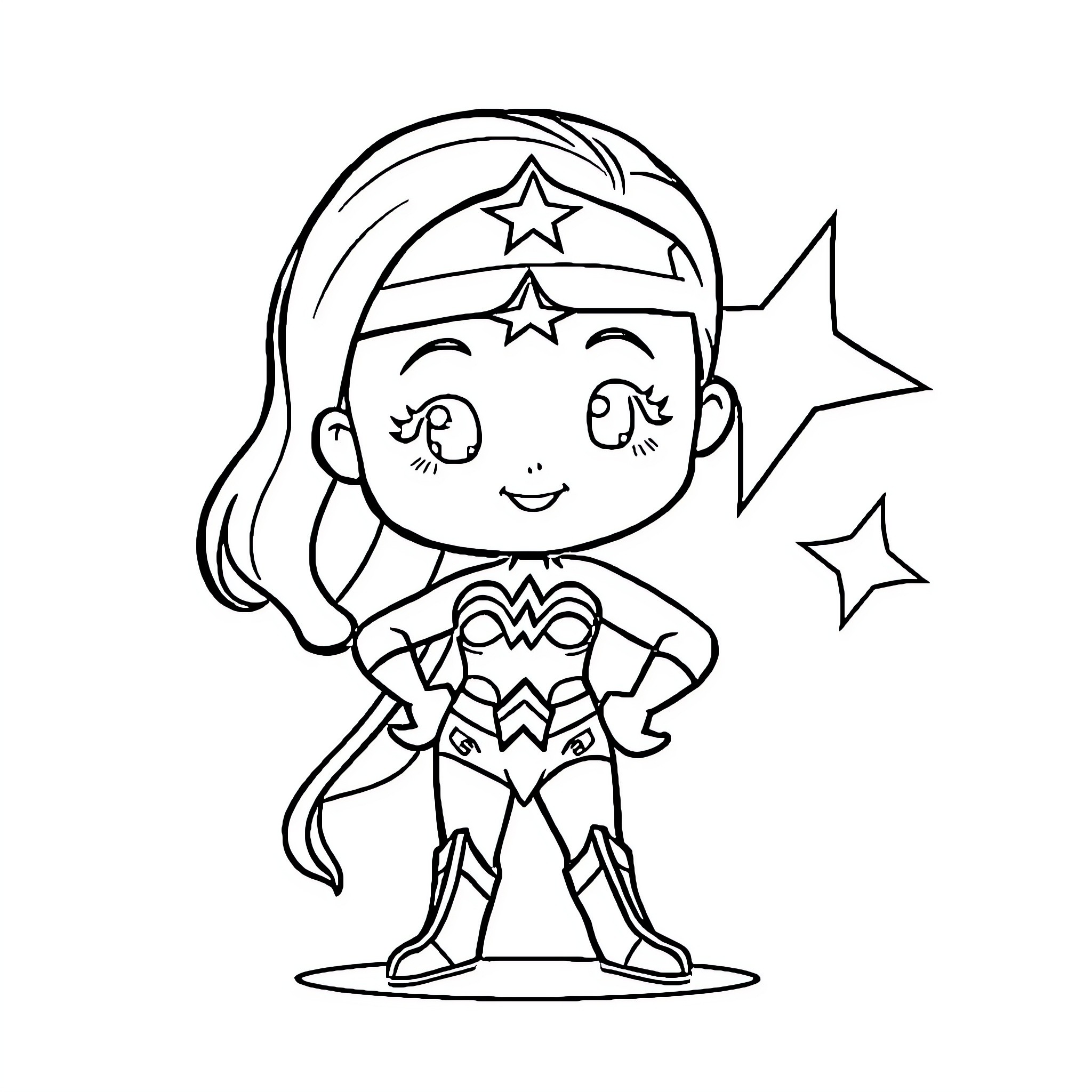 Wonder Woman in heroic pose with stars Coloring Page (free black-and-white line drawing printable PDF for all, from beginners to advanced learners, including children, teens, adults, and seniors)