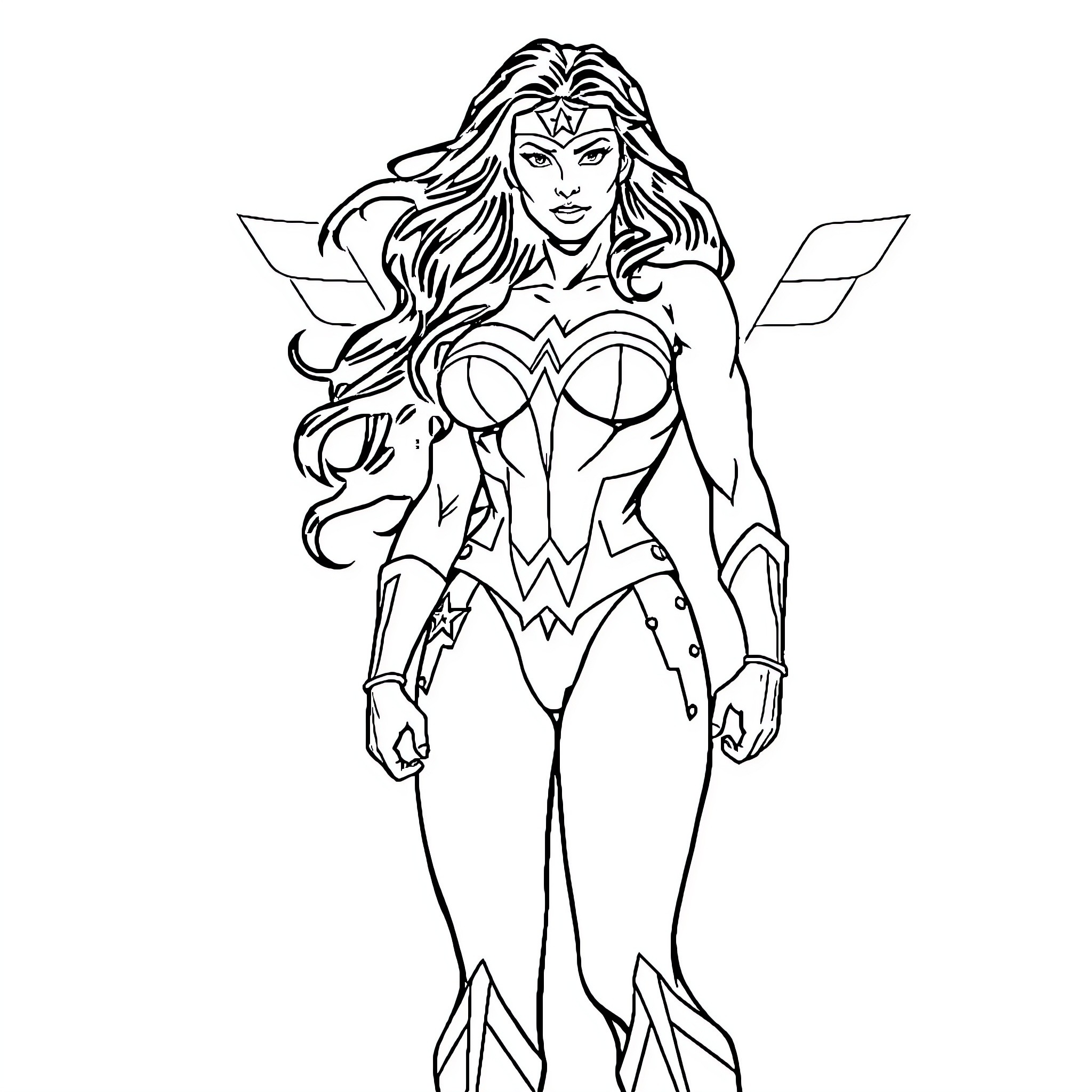 Wonder Woman in heroic action stance Coloring Page (free black-and-white line drawing printable PDF for all, from beginners to advanced learners, including children, teens, adults, and seniors)