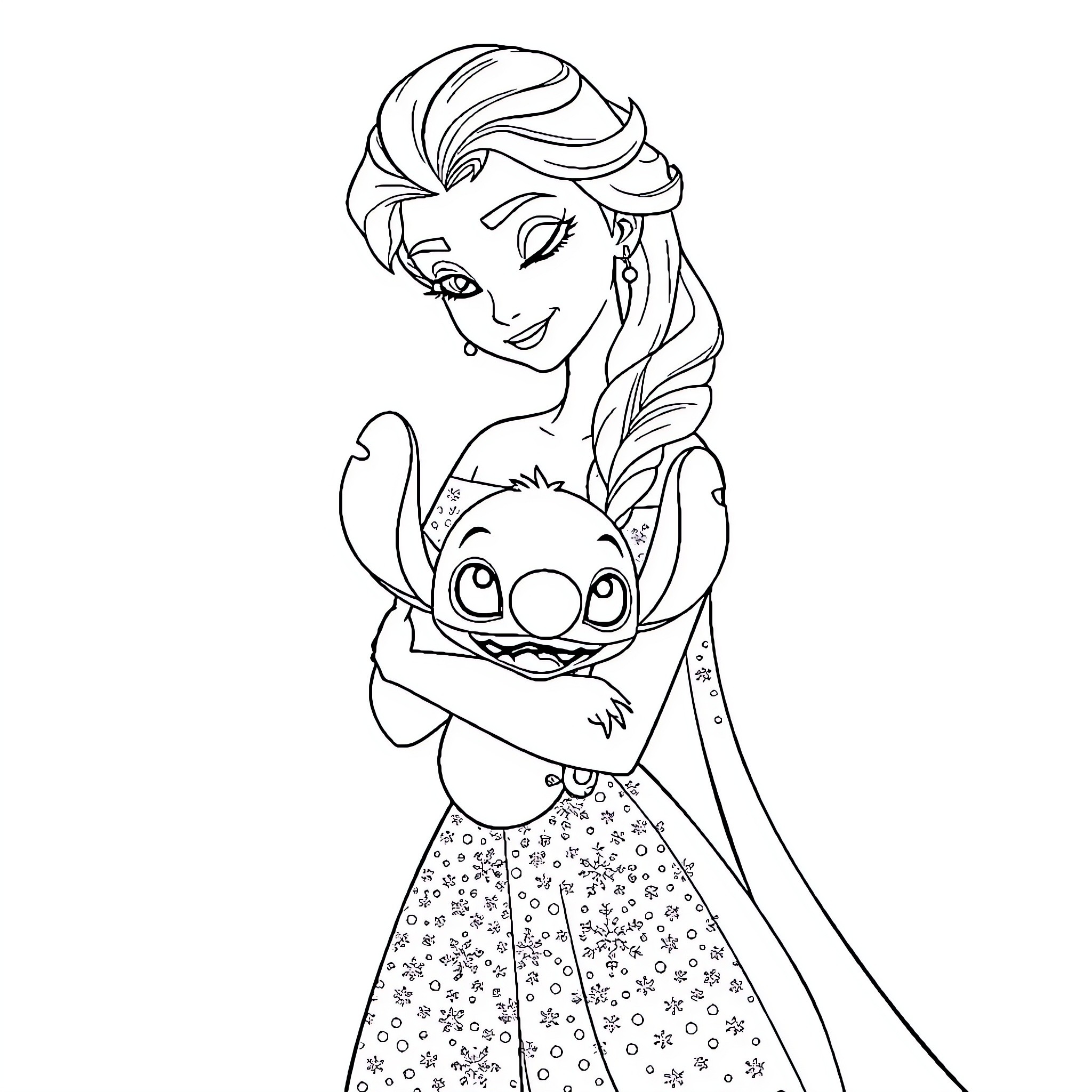 Elsa embracing her friend Stitch Coloring Page (free black-and-white line drawing printable PDF for all, from beginners to advanced learners, including children, teens, adults, and seniors)