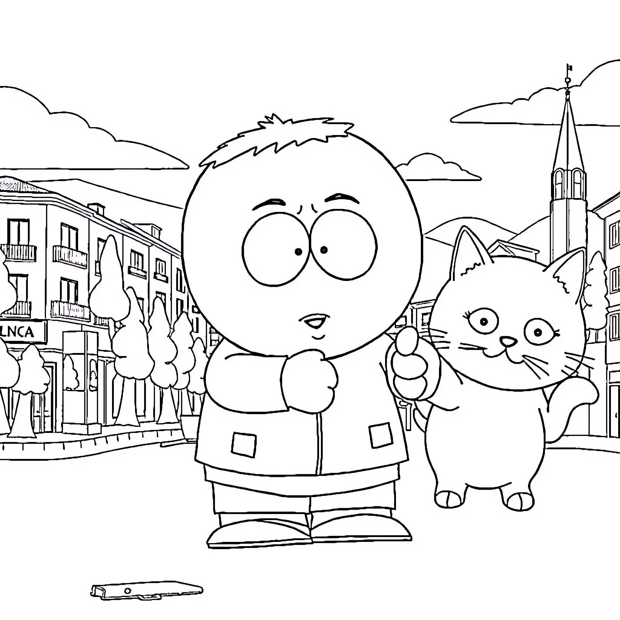 Kenny's Adventures with His Feline Companion Coloring Page (free black-and-white line drawing printable PDF for all, from beginners to advanced learners, including children, teens, adults, and seniors)