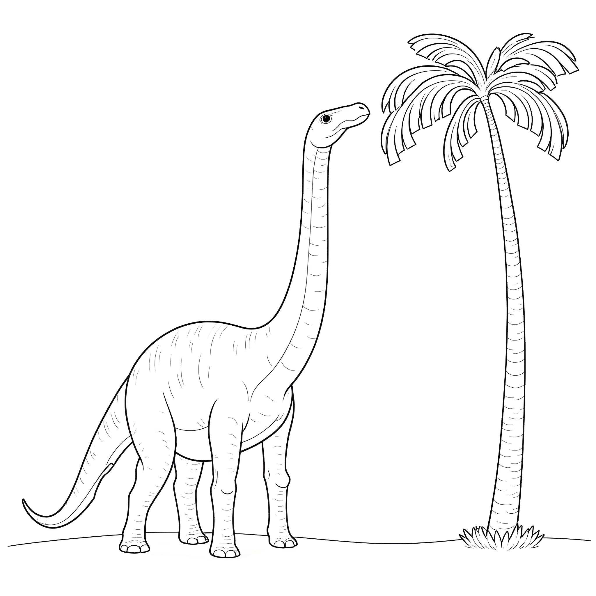 Brontosaurus exploring a tropical landscape Coloring Page (free black-and-white line drawing printable PDF for all, from beginners to advanced learners, including children, teens, adults, and seniors)