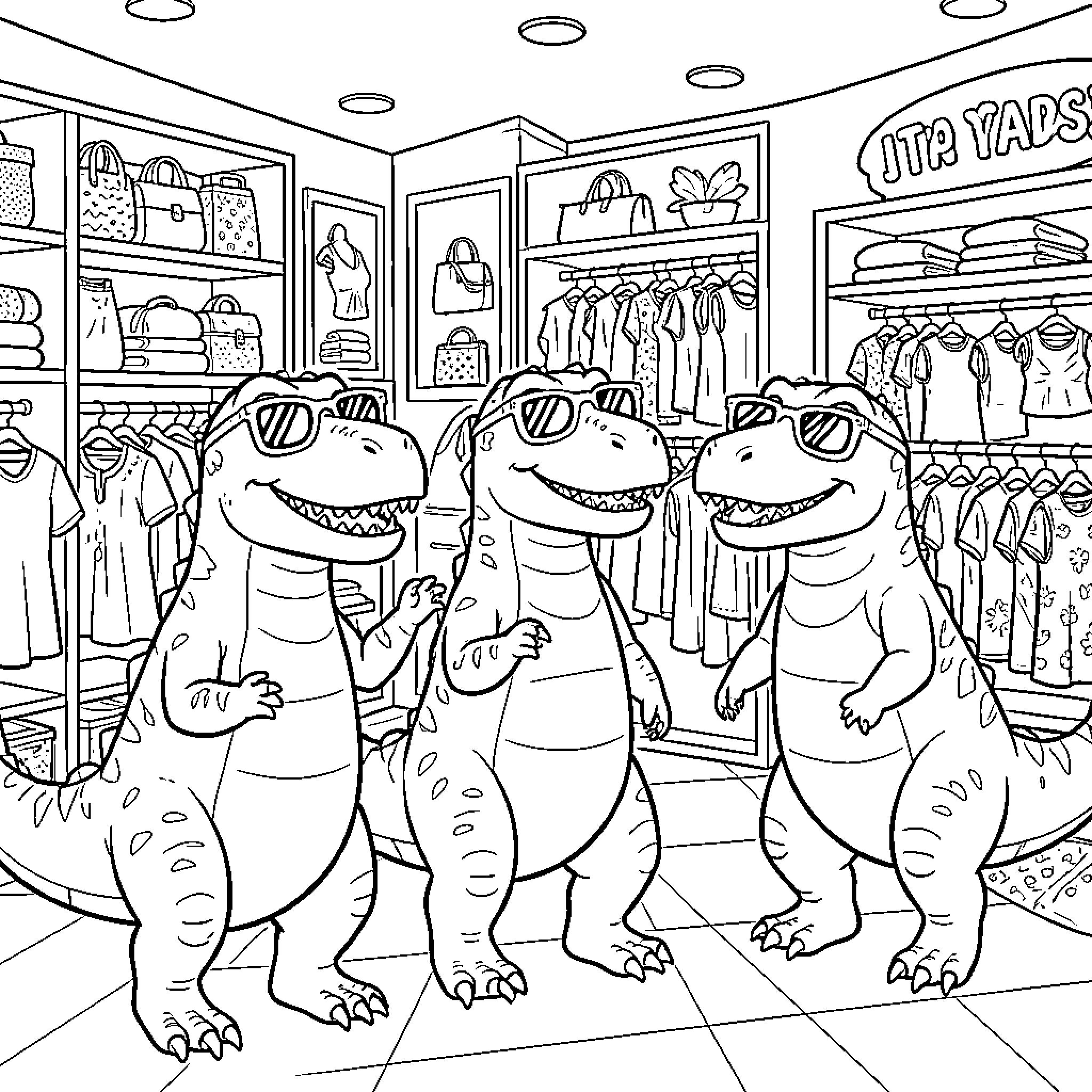 Dinosaur friends shopping for clothes at the store Coloring Page (free black-and-white line drawing printable PDF for all, from beginners to advanced learners, including children, teens, adults, and seniors)