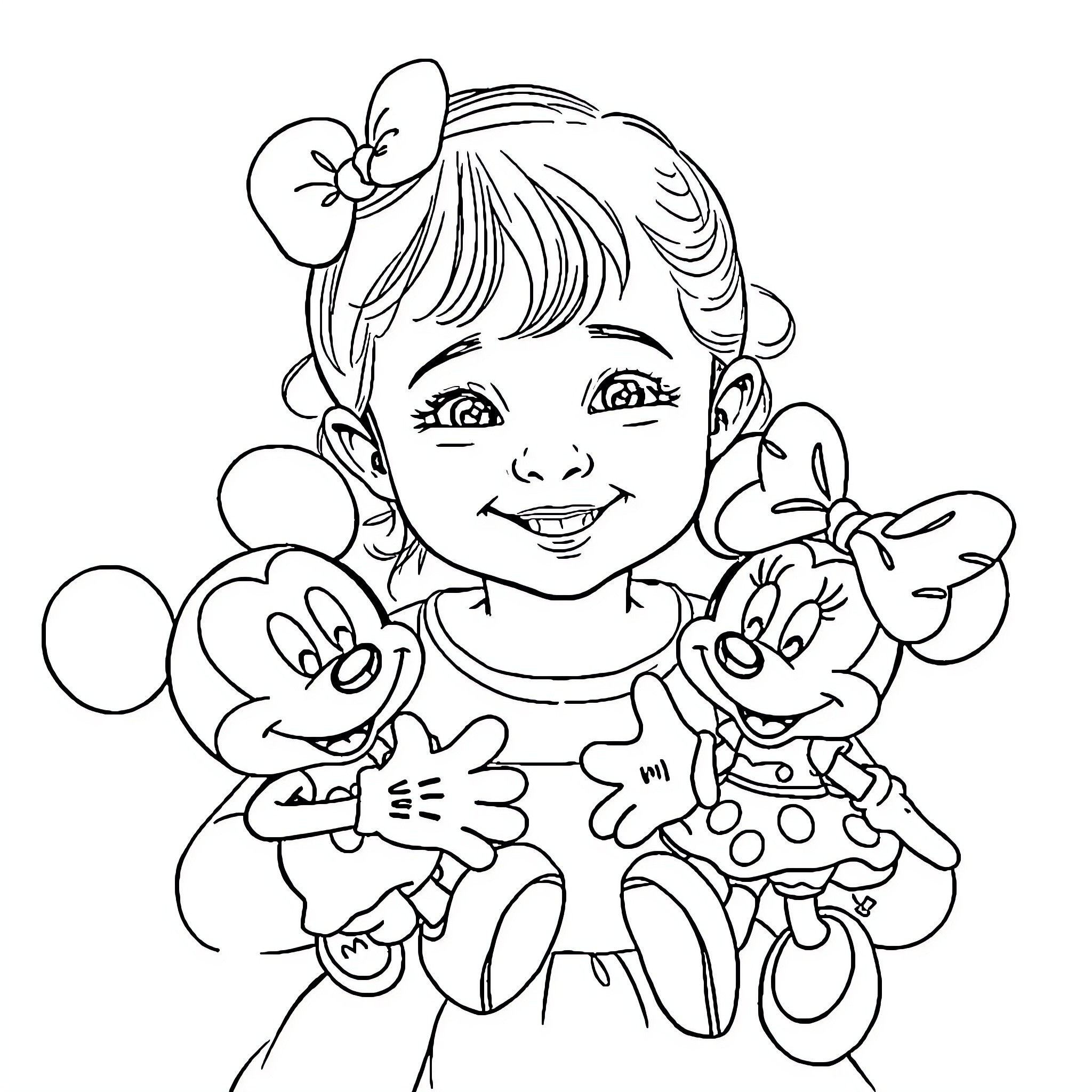 Girl playing with Disney cartoon characters Coloring Page (free black-and-white line drawing printable PDF for all, from beginners to advanced learners, including children, teens, adults, and seniors)