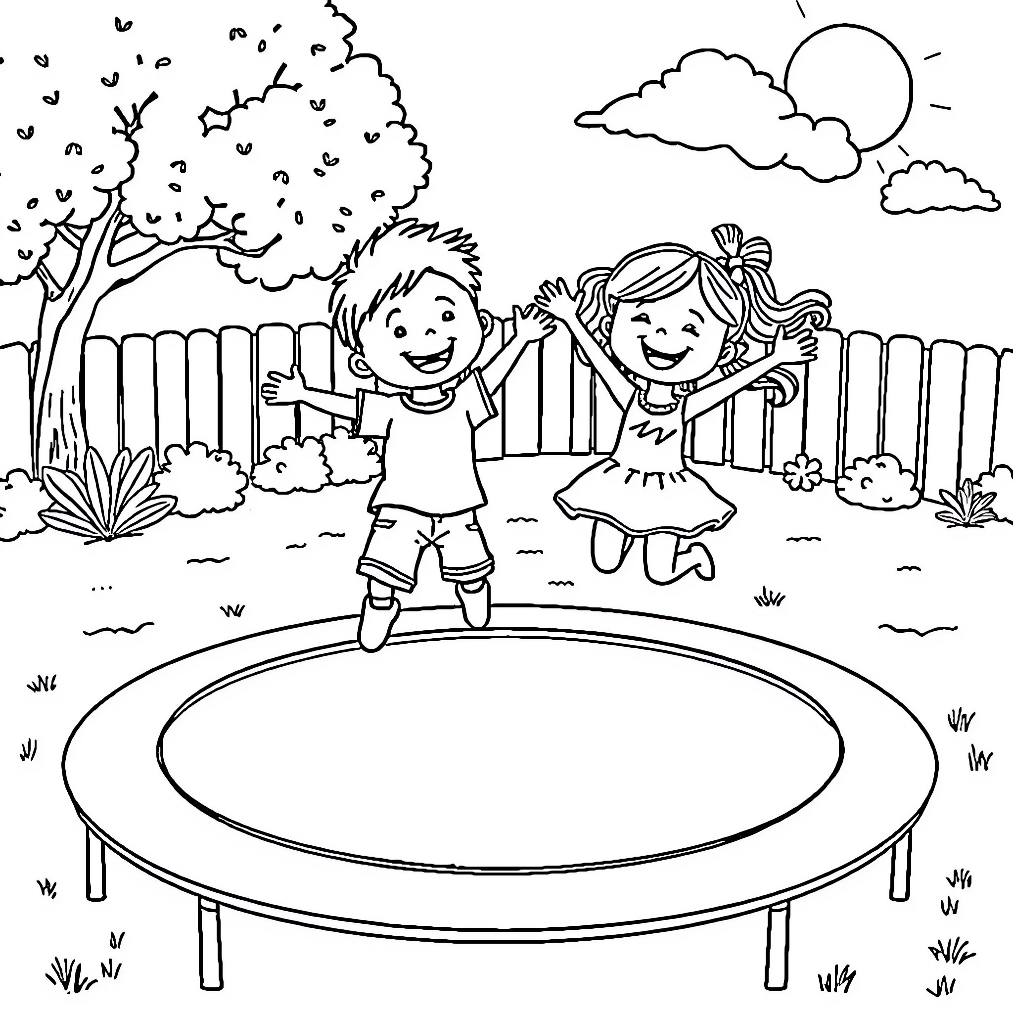 Children happily playing on trampoline in backyard Coloring Page (free black-and-white line drawing printable PDF for all, from beginners to advanced learners, including children, teens, adults, and seniors)