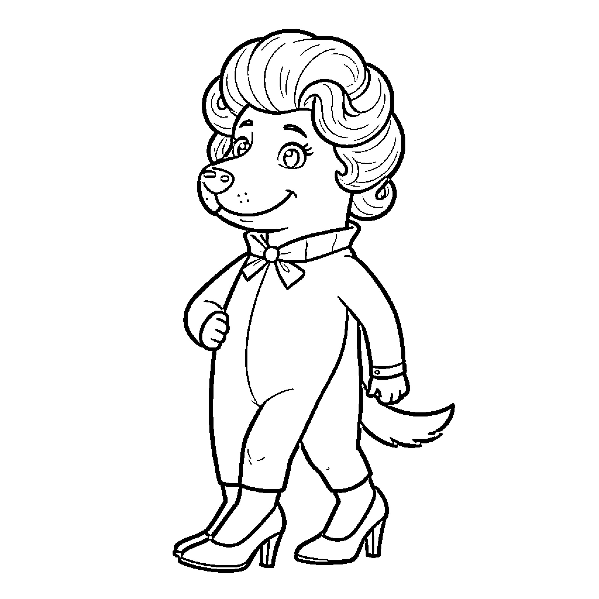 Perro dressed in formal attire with a bow tie Coloring Page (free black-and-white line drawing printable PDF for all, from beginners to advanced learners, including children, teens, adults, and seniors)