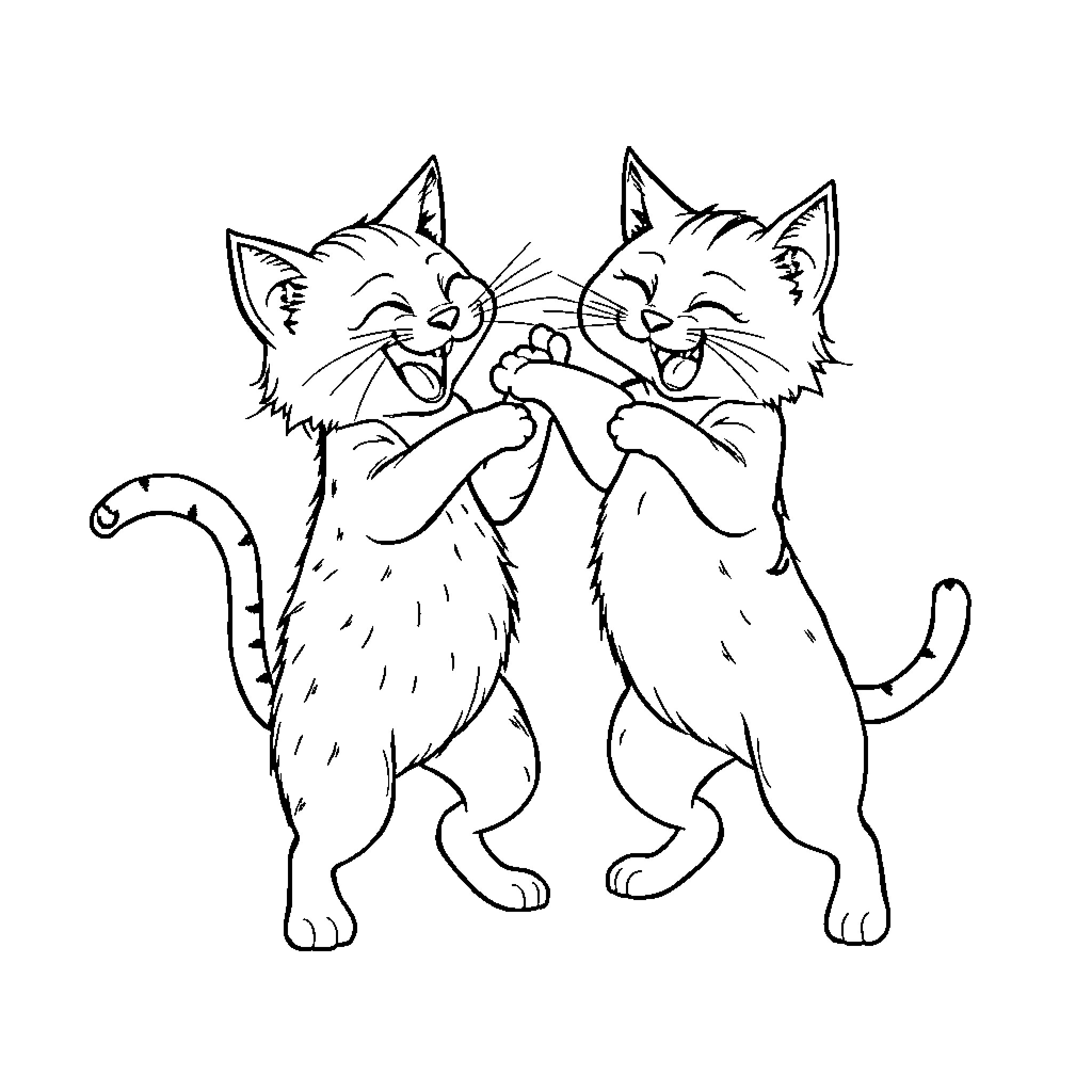 Cats playing and laughing together Coloring Page (free black-and-white line drawing printable PDF for all, from beginners to advanced learners, including children, teens, adults, and seniors)
