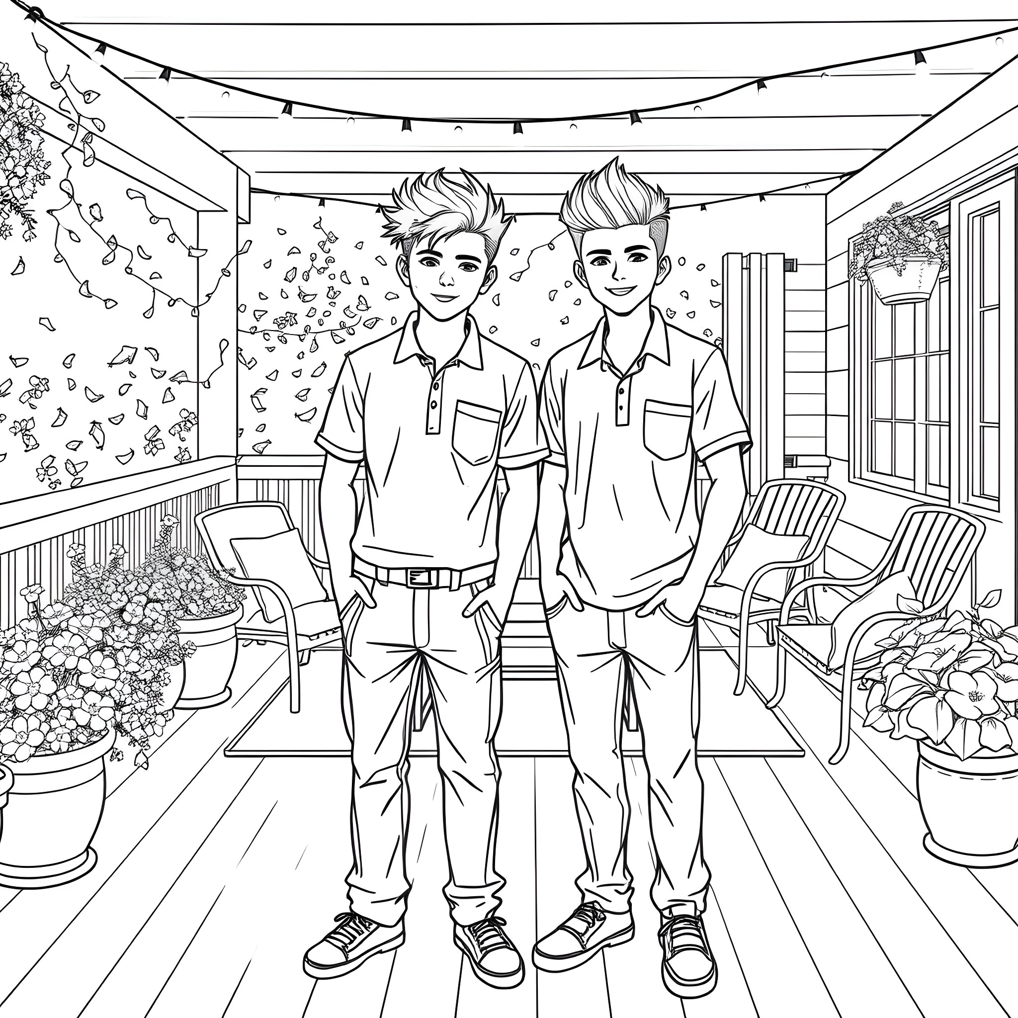 Teen Guys on a Patio with String Lights Coloring Page (free black-and-white line drawing printable PDF for all, from beginners to advanced learners, including children, teens, adults, and seniors)