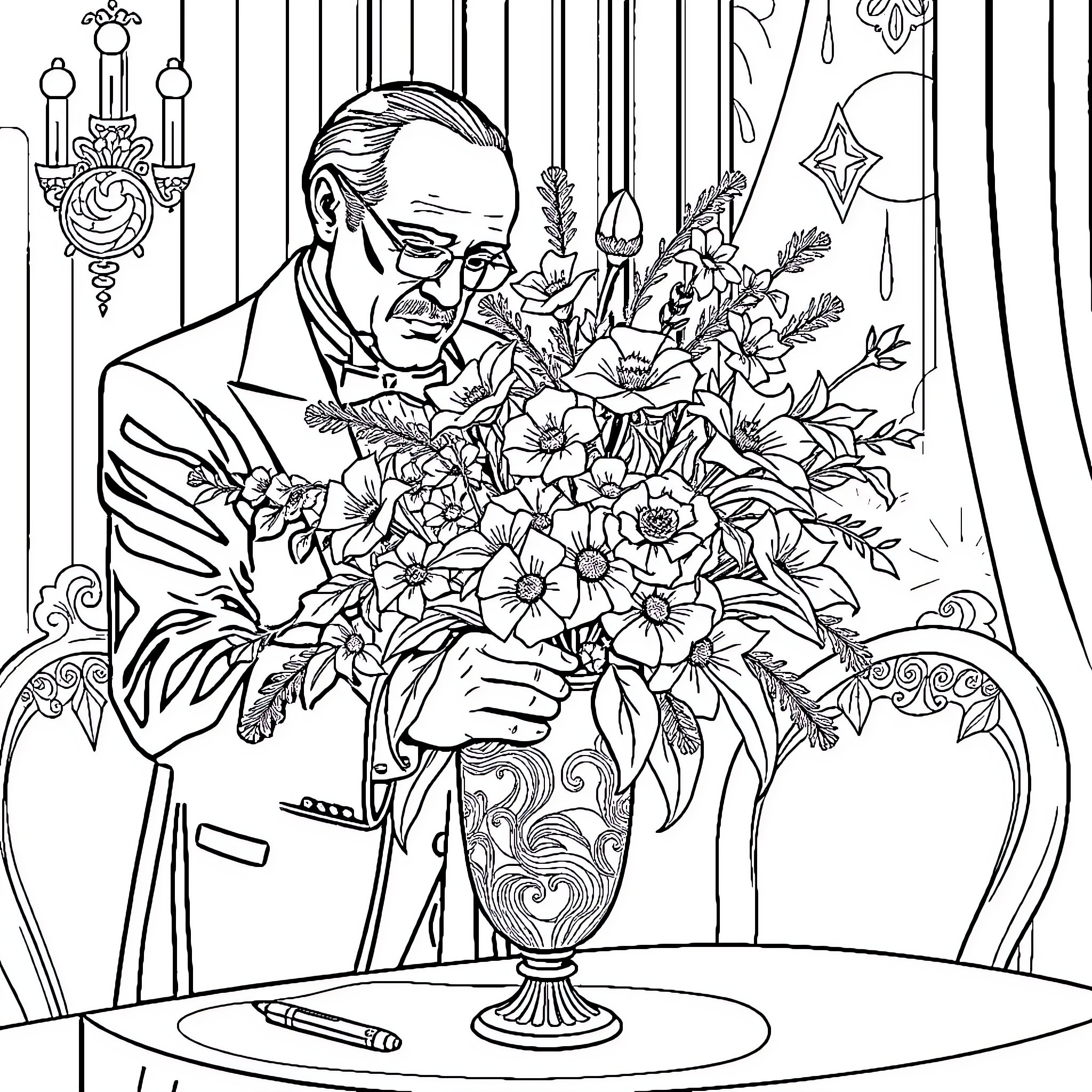 Godfather Presenting a Bouquet of Flowers Coloring Page (free black-and-white line drawing printable PDF for all, from beginners to advanced learners, including children, teens, adults, and seniors)