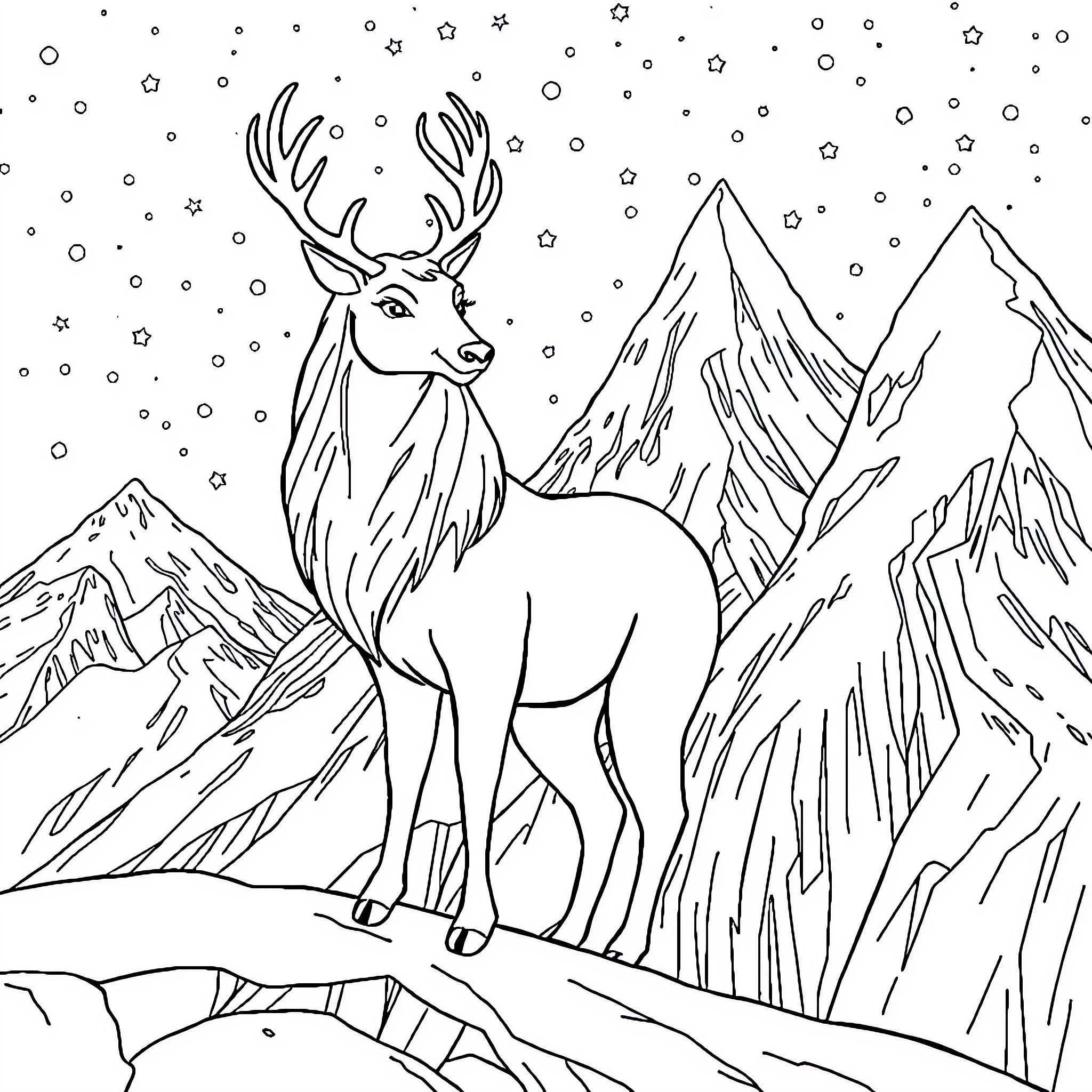 Queen of the Frozen Peaks Coloring Page (free black-and-white line drawing printable PDF for all, from beginners to advanced learners, including children, teens, adults, and seniors)