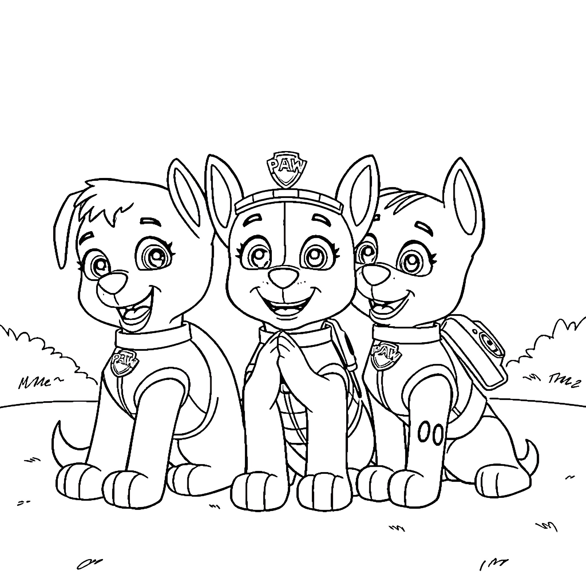 Paw Patrol pups in action with uniforms Coloring Page (free black-and-white line drawing printable PDF for all, from beginners to advanced learners, including children, teens, adults, and seniors)