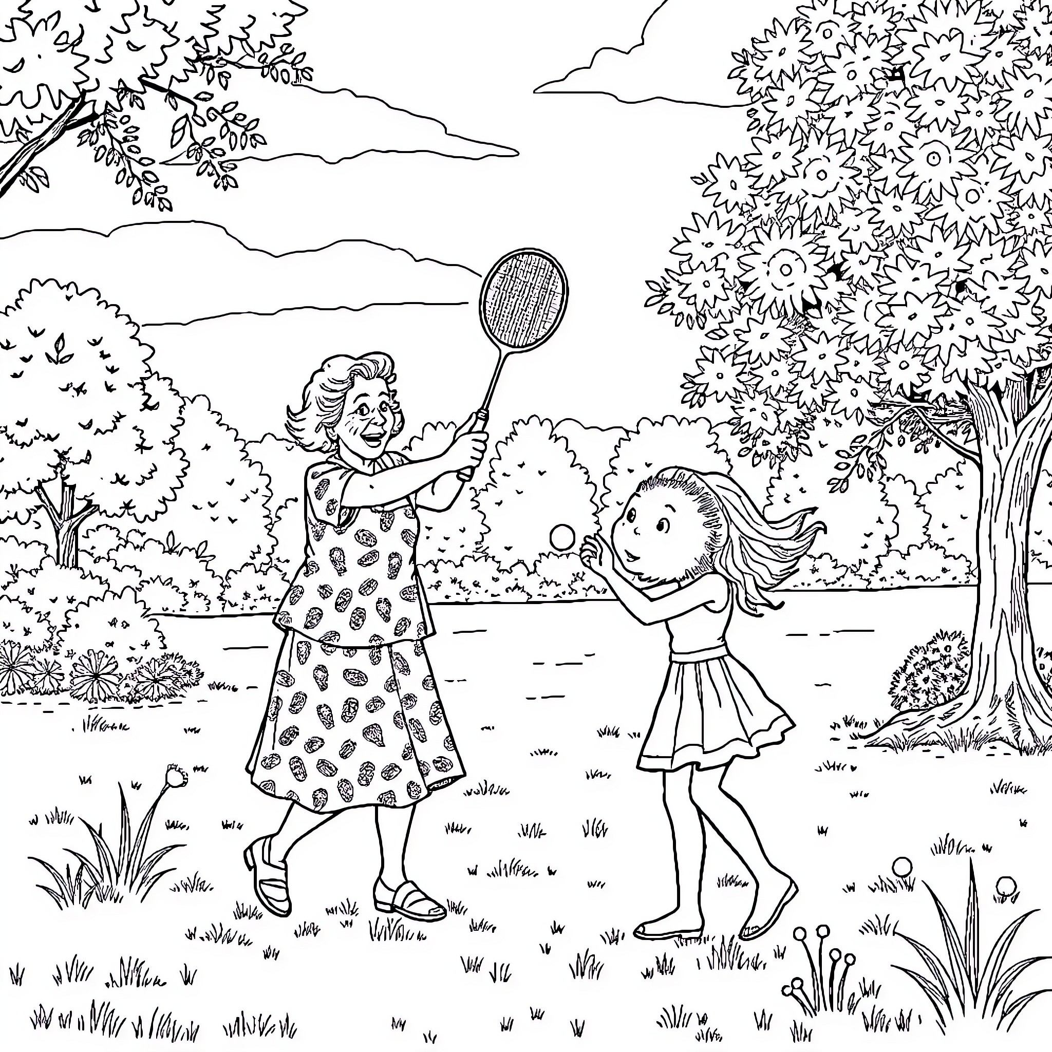 Babcia's Playful Afternoon with Granddaughter Coloring Page (free black-and-white line drawing printable PDF for all, from beginners to advanced learners, including children, teens, adults, and seniors)