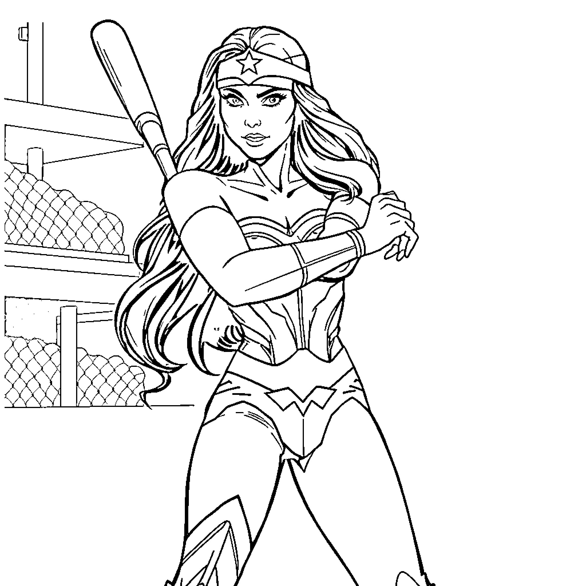 Wonder Woman in heroic pose with lasso Coloring Page (free black-and-white line drawing printable PDF for all, from beginners to advanced learners, including children, teens, adults, and seniors)