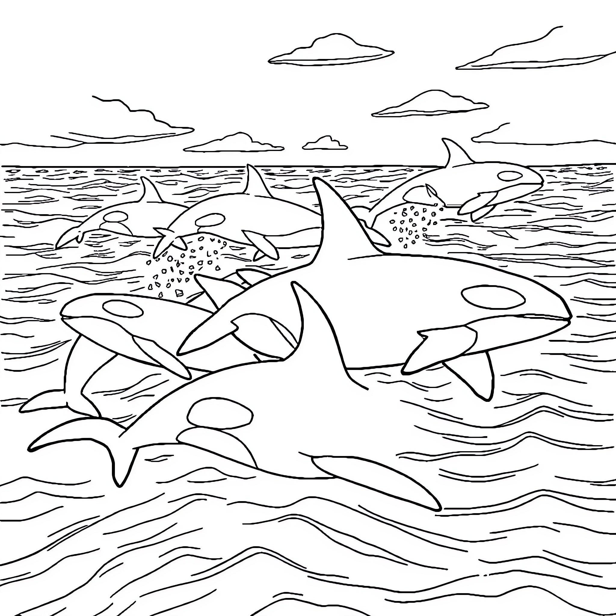 Orca whales swimming in the ocean Coloring Page (free black-and-white line drawing printable PDF for all, from beginners to advanced learners, including children, teens, adults, and seniors)