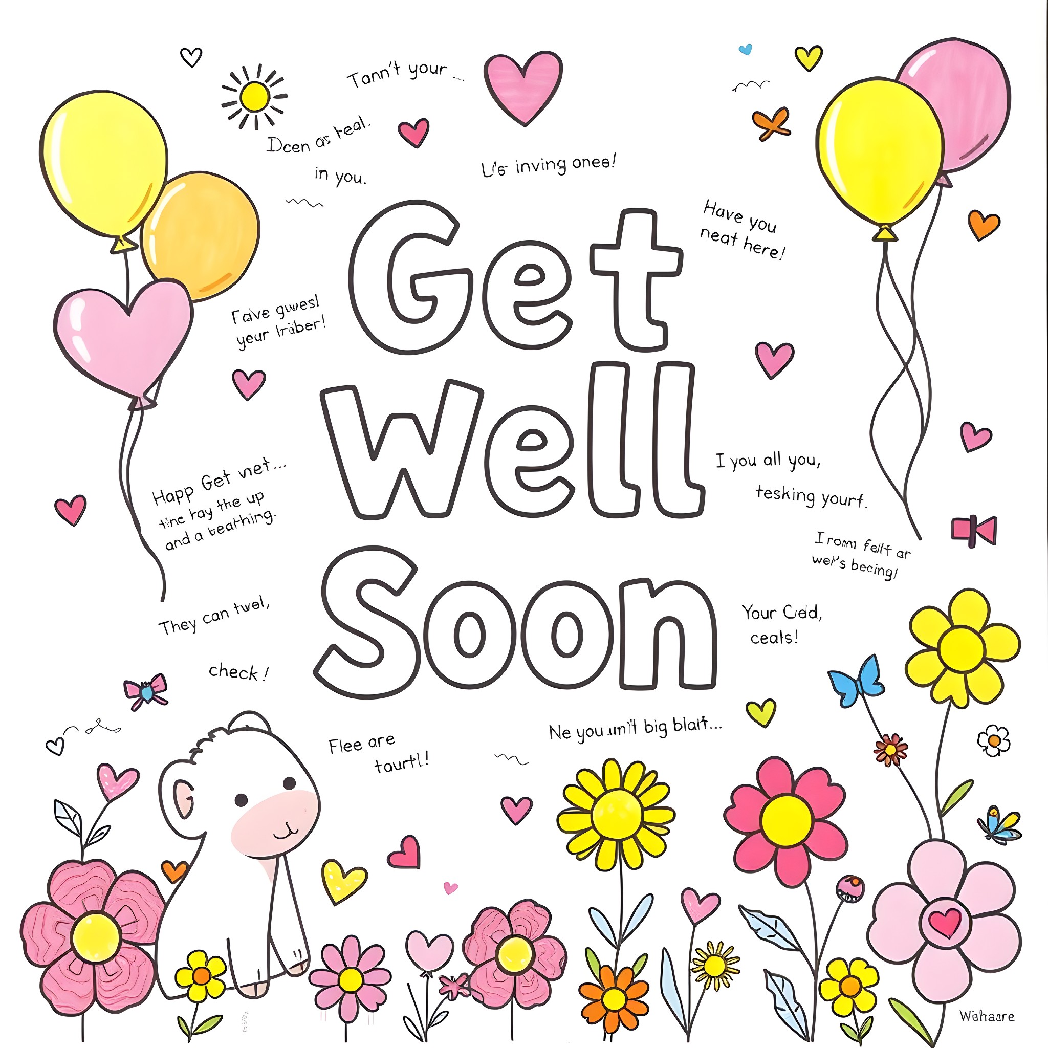 Poster with encouraging messages and happy cartoon characters Coloring Page (free black-and-white line drawing printable PDF for all, from beginners to advanced learners, including children, teens, adults, and seniors)