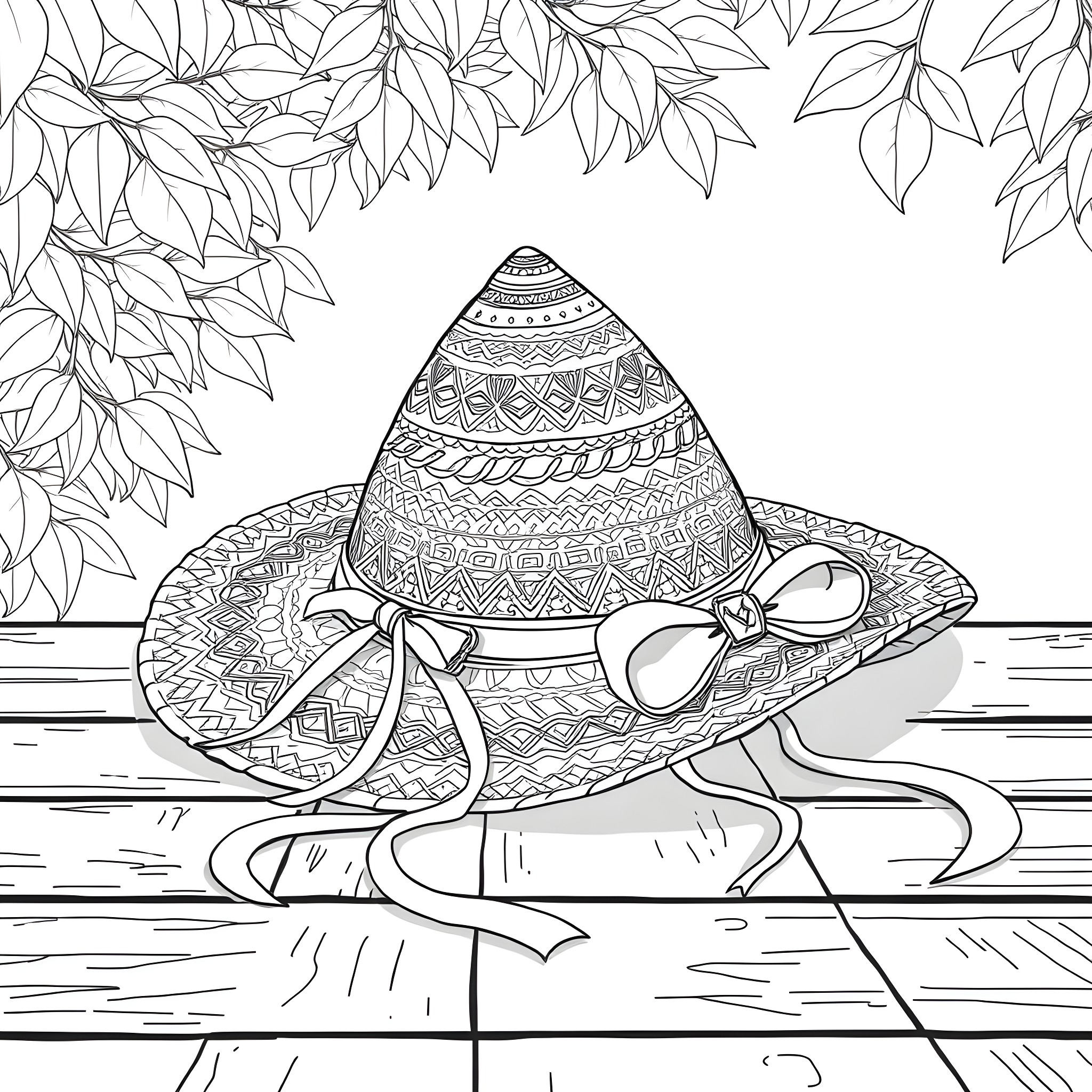 Hat Decorated with Intricate Patterns on Wooden Boards Coloring Page (free black-and-white line drawing printable PDF for all, from beginners to advanced learners, including children, teens, adults, and seniors)
