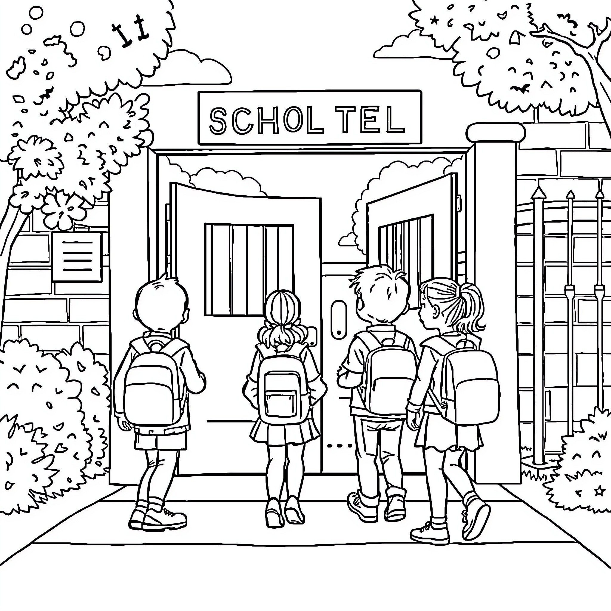 Back to School: Children Returning to School Coloring Page (free black-and-white line drawing printable PDF for all, from beginners to advanced learners, including children, teens, adults, and seniors)