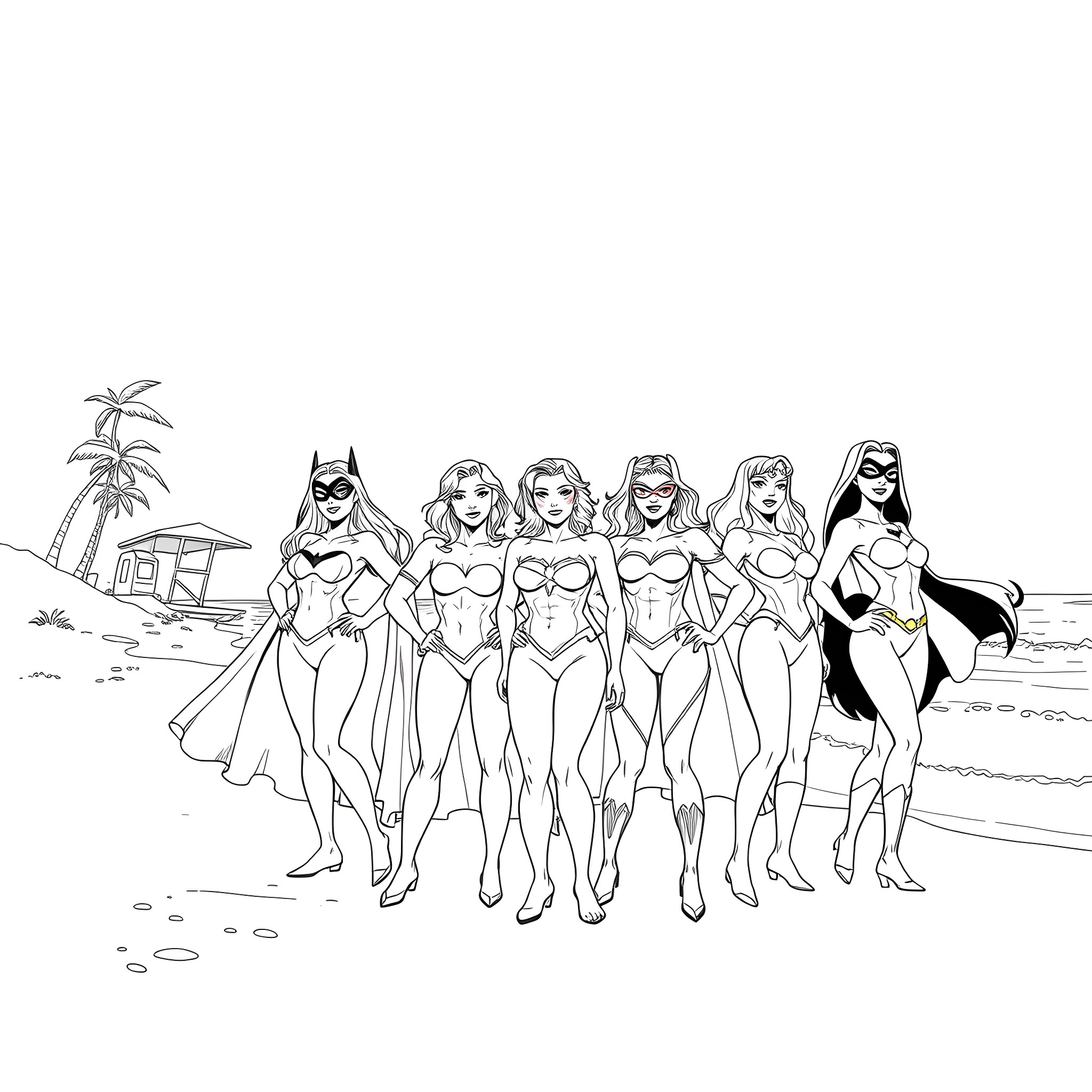 Female DC Characters in Beachwear Posing Together Coloring Page (free black-and-white line drawing printable PDF for all, from beginners to advanced learners, including children, teens, adults, and seniors)