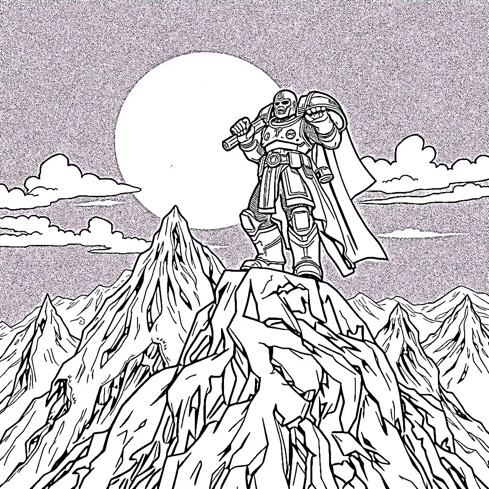 Space Marine stands triumphantly atop a rugged mountain Coloring Page (free black-and-white line drawing printable PDF for all, from beginners to advanced learners, including children, teens, adults, and seniors)