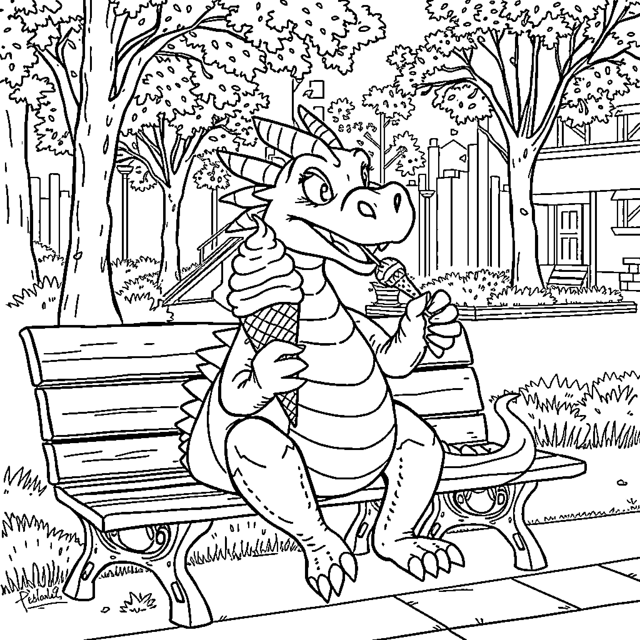 Dragon resting on a park bench Coloring Page (free black-and-white line drawing printable PDF for all, from beginners to advanced learners, including children, teens, adults, and seniors)
