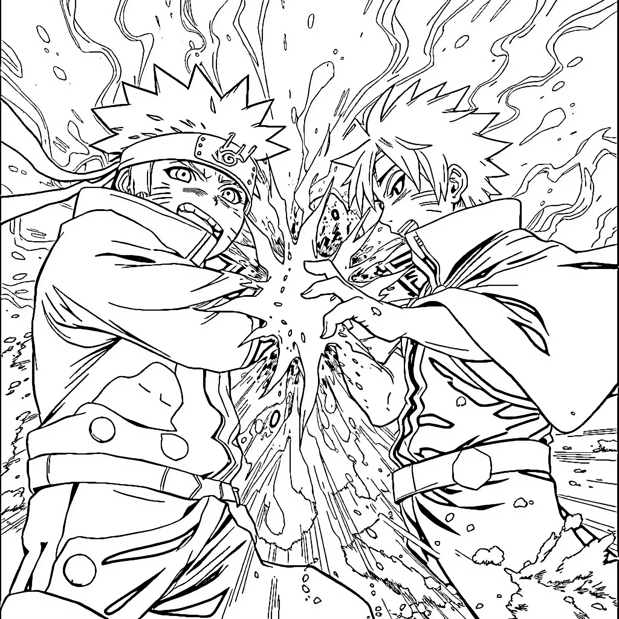 Naruto characters in fierce battle Coloring Page (free black-and-white line drawing printable PDF for all, from beginners to advanced learners, including children, teens, adults, and seniors)