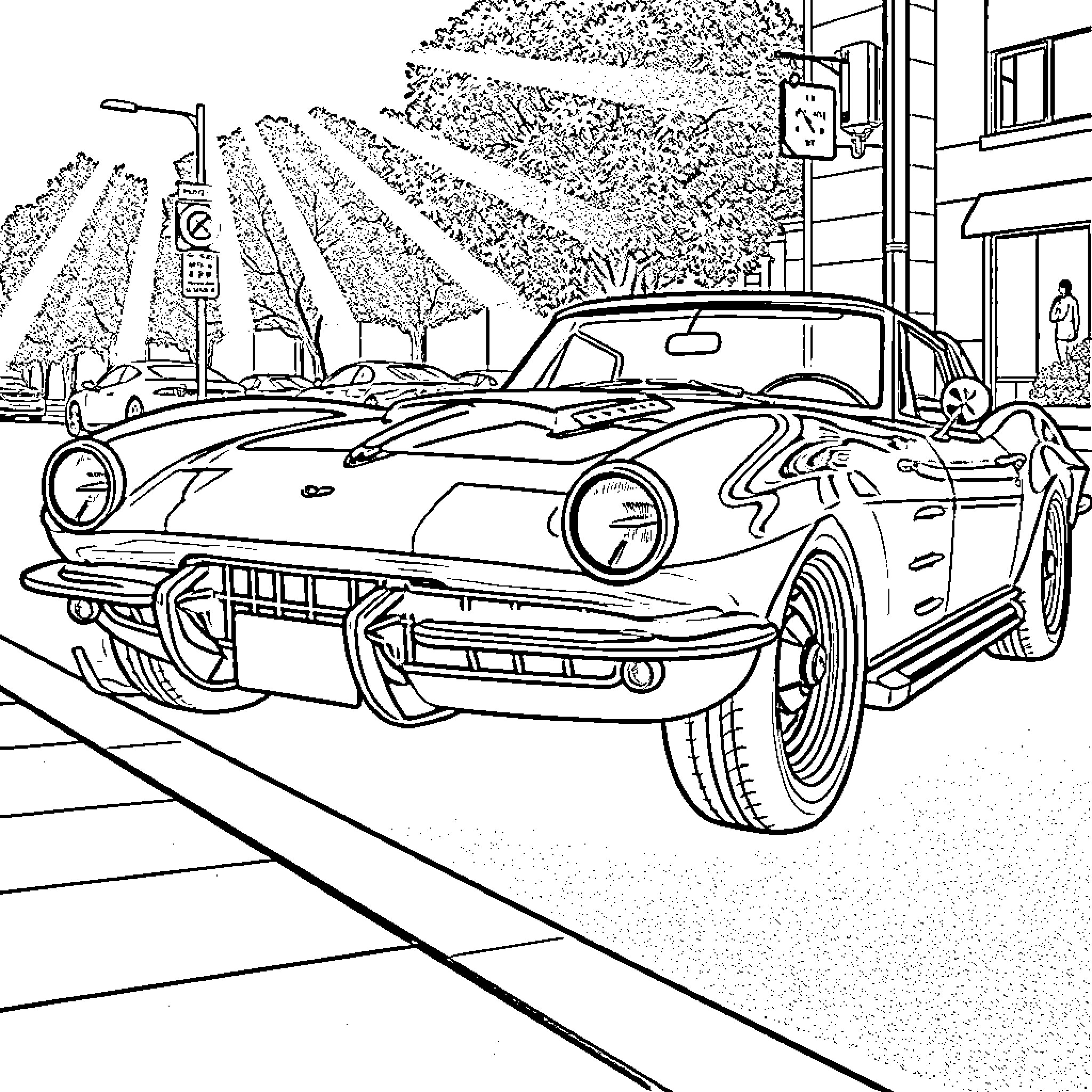 Corvette Classic Car Parked on City Street Coloring Page (free black-and-white line drawing printable PDF for all, from beginners to advanced learners, including children, teens, adults, and seniors)