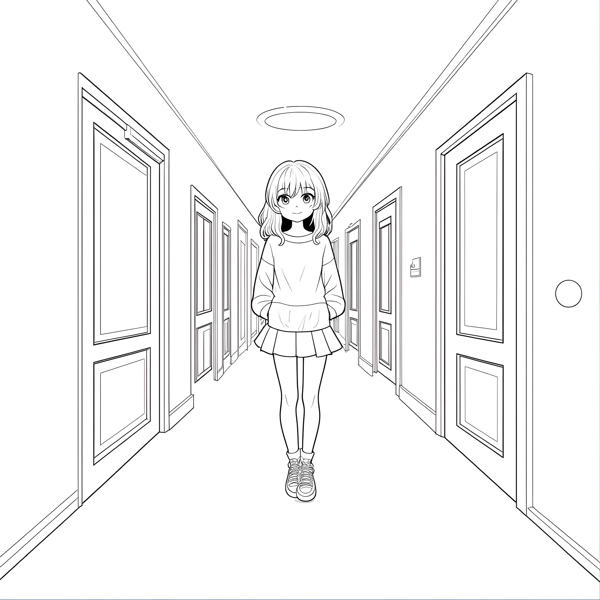 Girl standing alone in a hallway Coloring Page (free black-and-white line drawing printable PDF for all, from beginners to advanced learners, including children, teens, adults, and seniors)