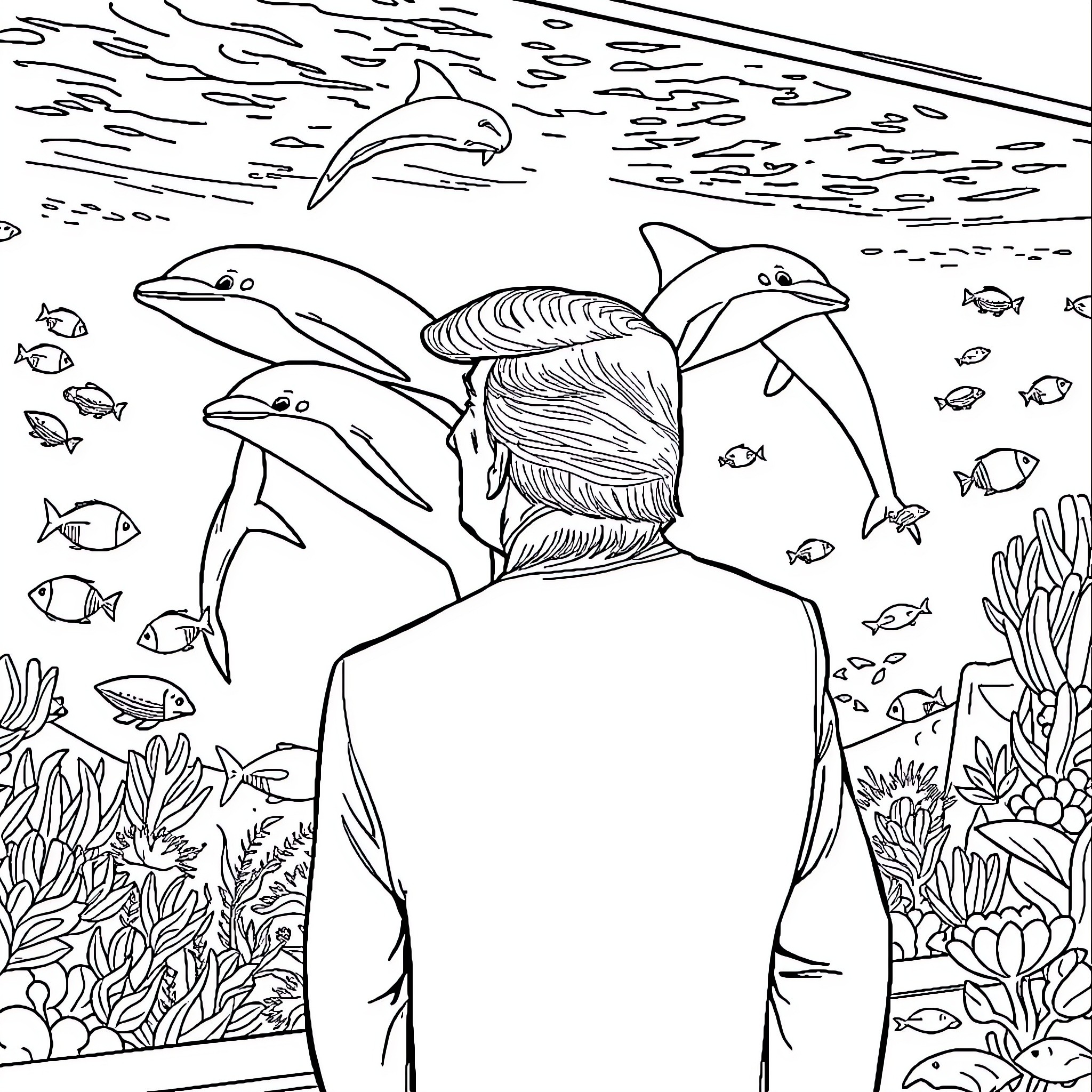 Donald Trump swimming with dolphins in an underwater scene Coloring Page (free black-and-white line drawing printable PDF for all, from beginners to advanced learners, including children, teens, adults, and seniors)