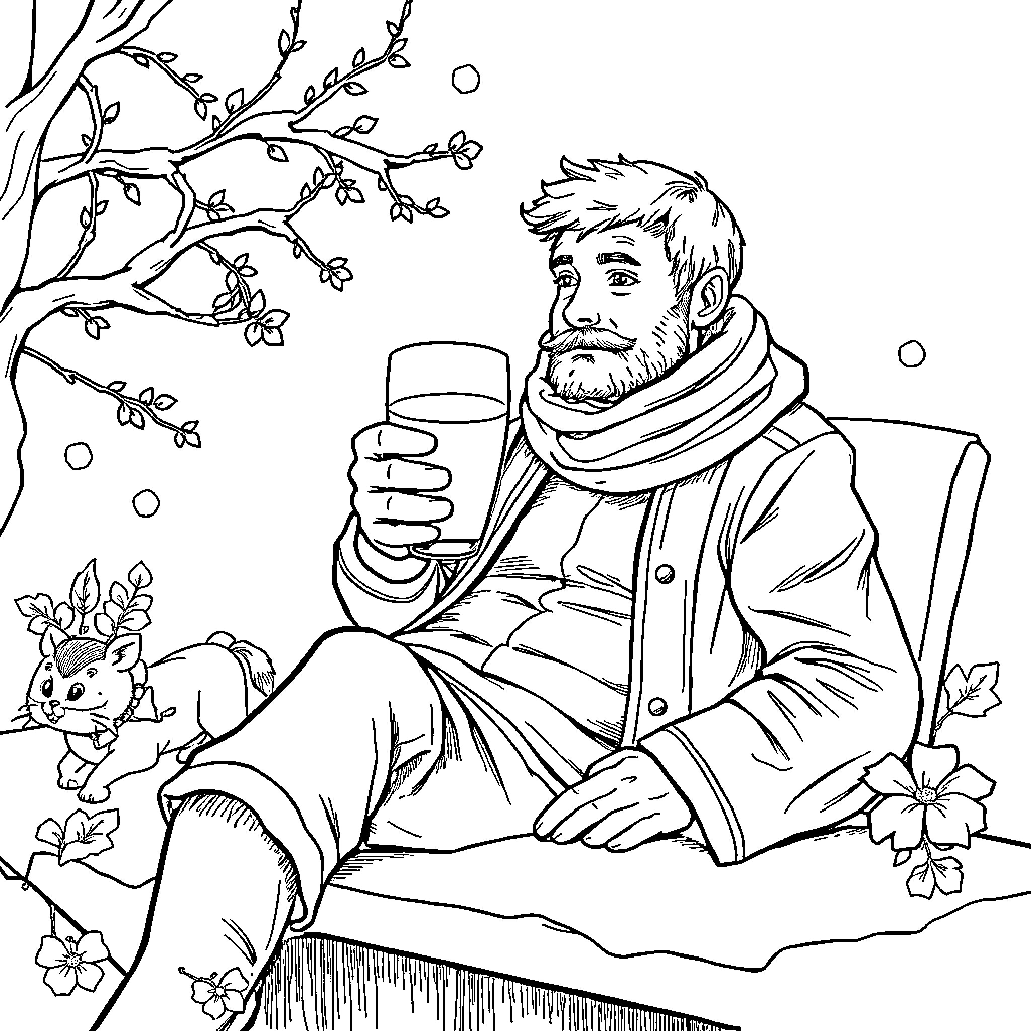 Homer Simpson enjoying a drink in a winter wonderland Coloring Page (free black-and-white line drawing printable PDF for all, from beginners to advanced learners, including children, teens, adults, and seniors)