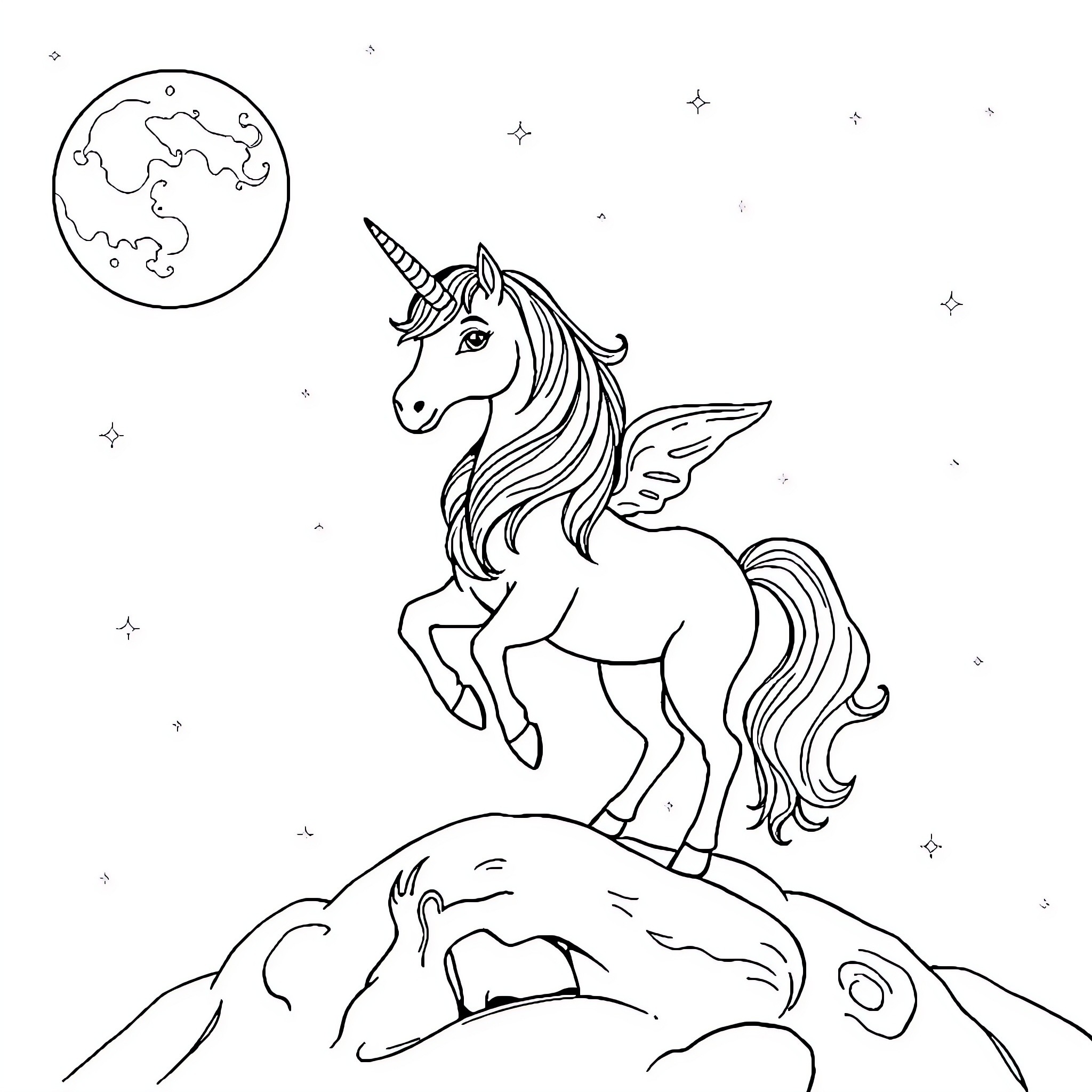 Unicorn standing atop a celestial landscape Coloring Page (free black-and-white line drawing printable PDF for all, from beginners to advanced learners, including children, teens, adults, and seniors)
