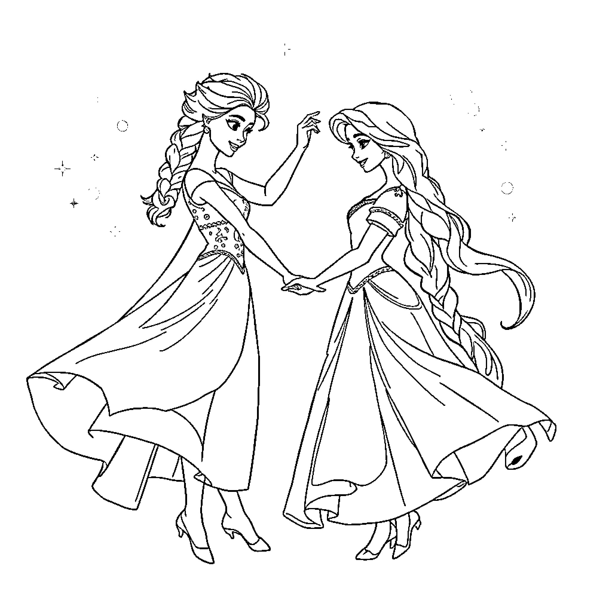 Elsa and Anna dancing together in elegant dresses Coloring Page (free black-and-white line drawing printable PDF for all, from beginners to advanced learners, including children, teens, adults, and seniors)