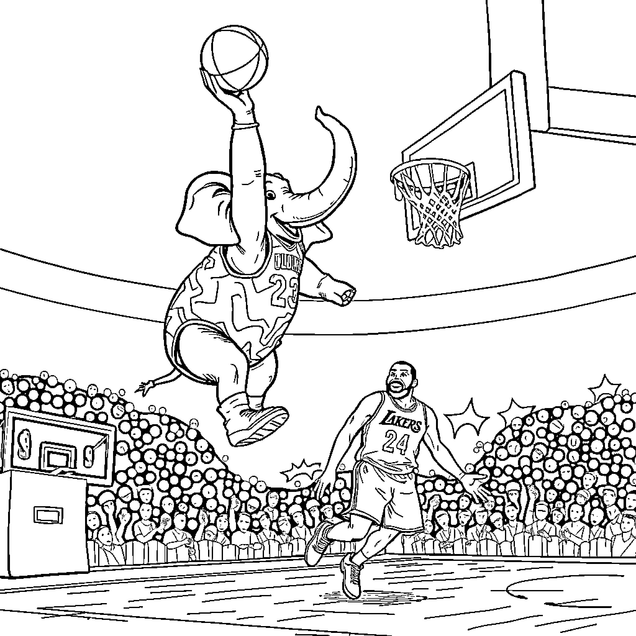 Elephant playing basketball on the court Coloring Page (free black-and-white line drawing printable PDF for all, from beginners to advanced learners, including children, teens, adults, and seniors)