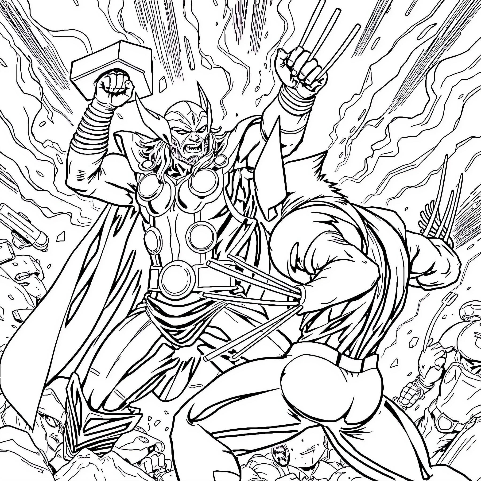 Thor's Thunderous Battle Against Formidable Foes Coloring Page (free black-and-white line drawing printable PDF for all, from beginners to advanced learners, including children, teens, adults, and seniors)
