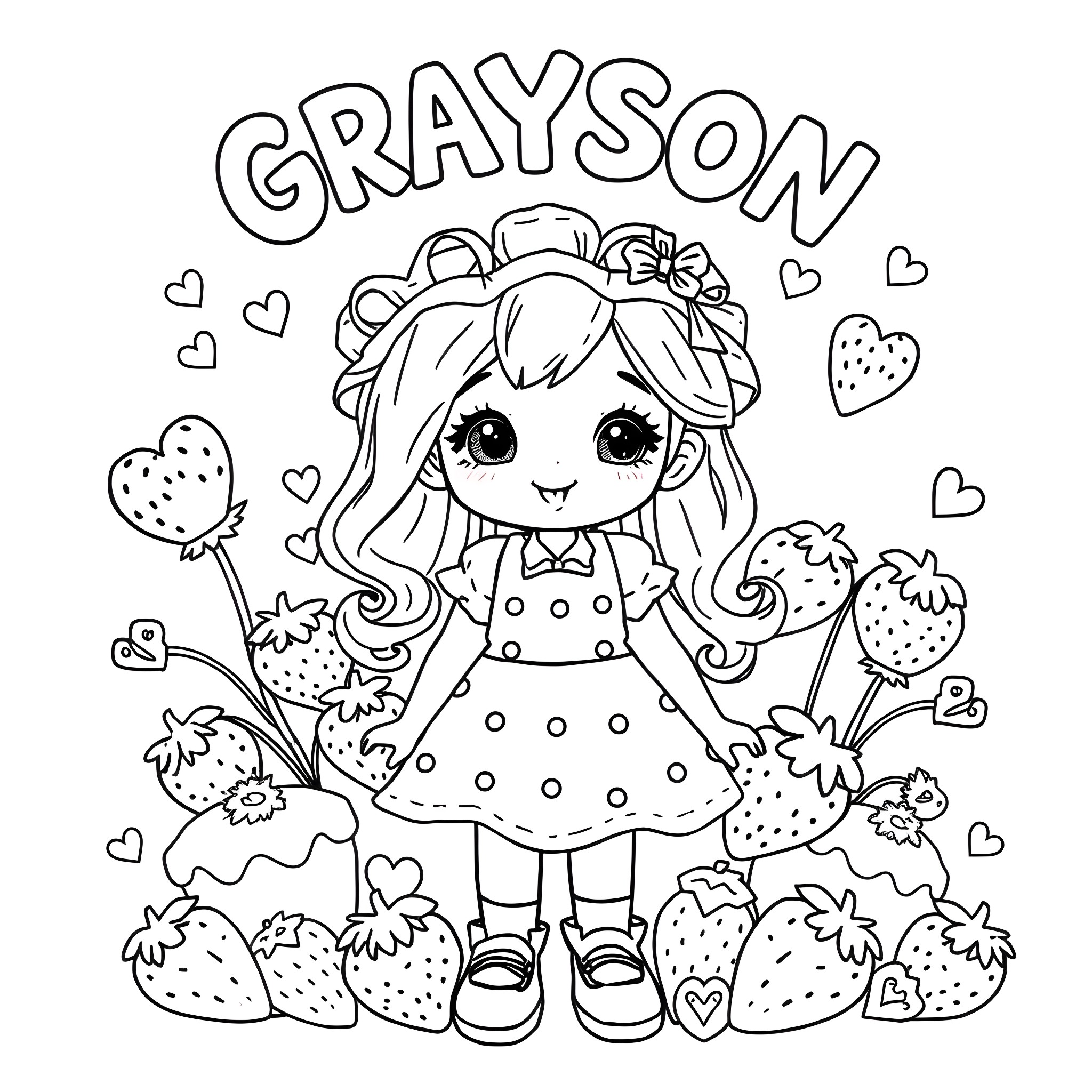 Strawberry Shortcake with cute girl surrounded by strawberries Coloring Page (free black-and-white line drawing printable PDF for all, from beginners to advanced learners, including children, teens, adults, and seniors)